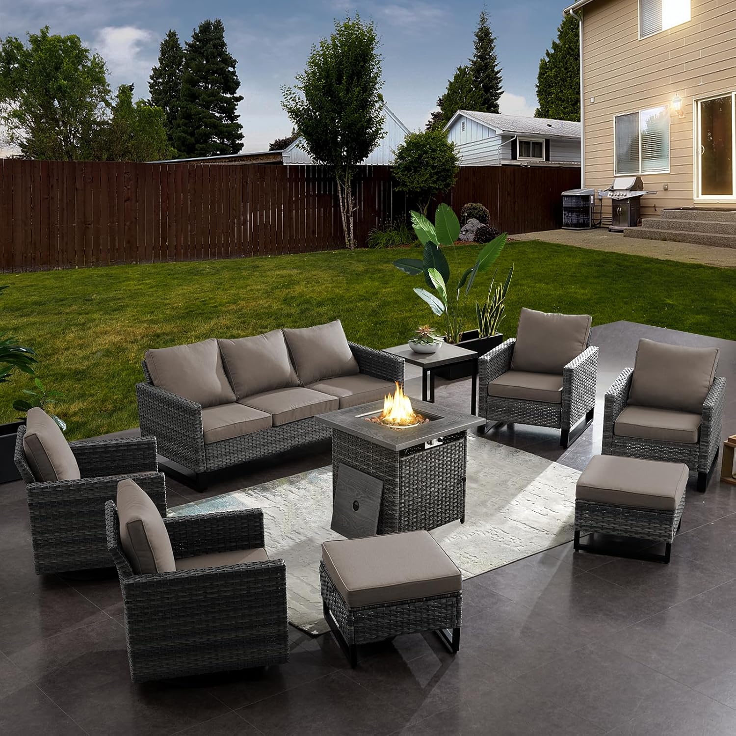 Patio Furniture 5 Piece Outdoor Sofa Set, Oversize Outdoor Dining Chairs with Rattan Ottomans, Conversation Sets Patio Furniture Come with Removable Washable