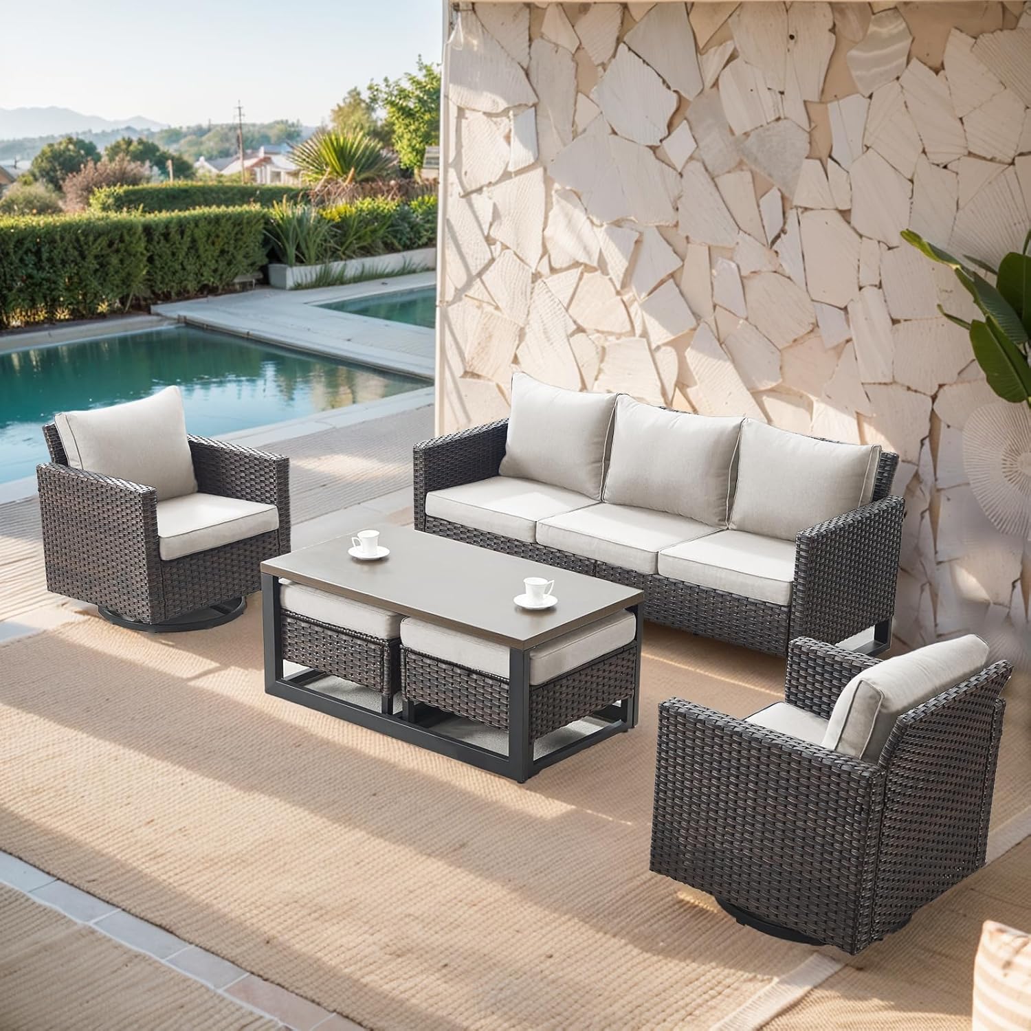 Patio Furniture 5 Piece Outdoor Sofa Set, Oversize Outdoor Dining Chairs with Rattan Ottomans, Conversation Sets Patio Furniture Come with Removable Washable