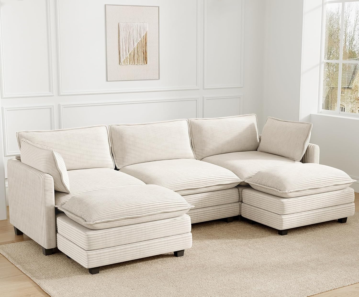 Oversized Modular Sectional Sofa with Movable Ottoman, 112 Inch 4 Seat Modern Corduroy Sofa Set, Convertible L Shaped Couch for Living Room and Office, Beige