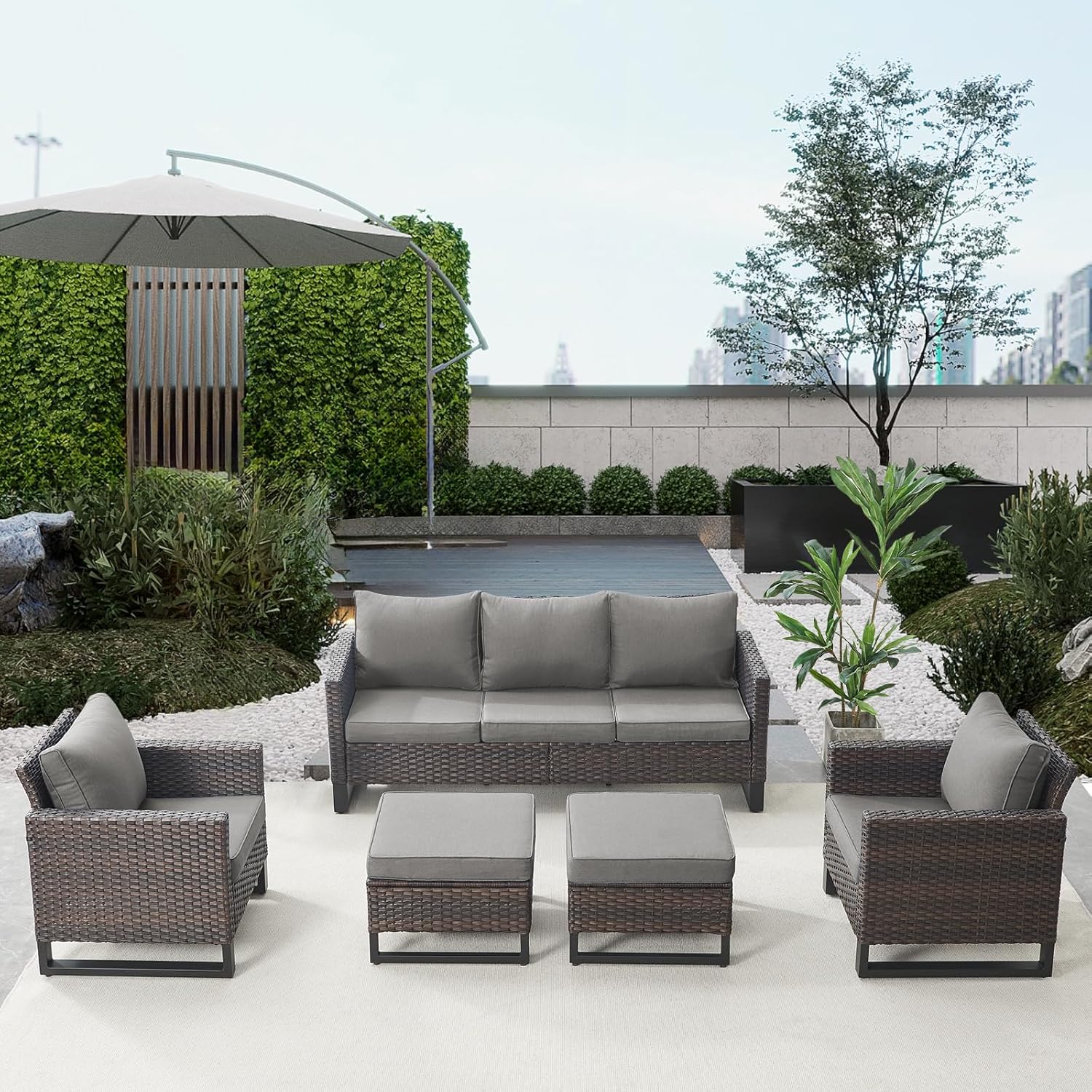 Patio Furniture 5 Piece Outdoor Sofa Set, Oversize Outdoor Dining Chairs with Rattan Ottomans, Conversation Sets Patio Furniture Come with Removable Washable