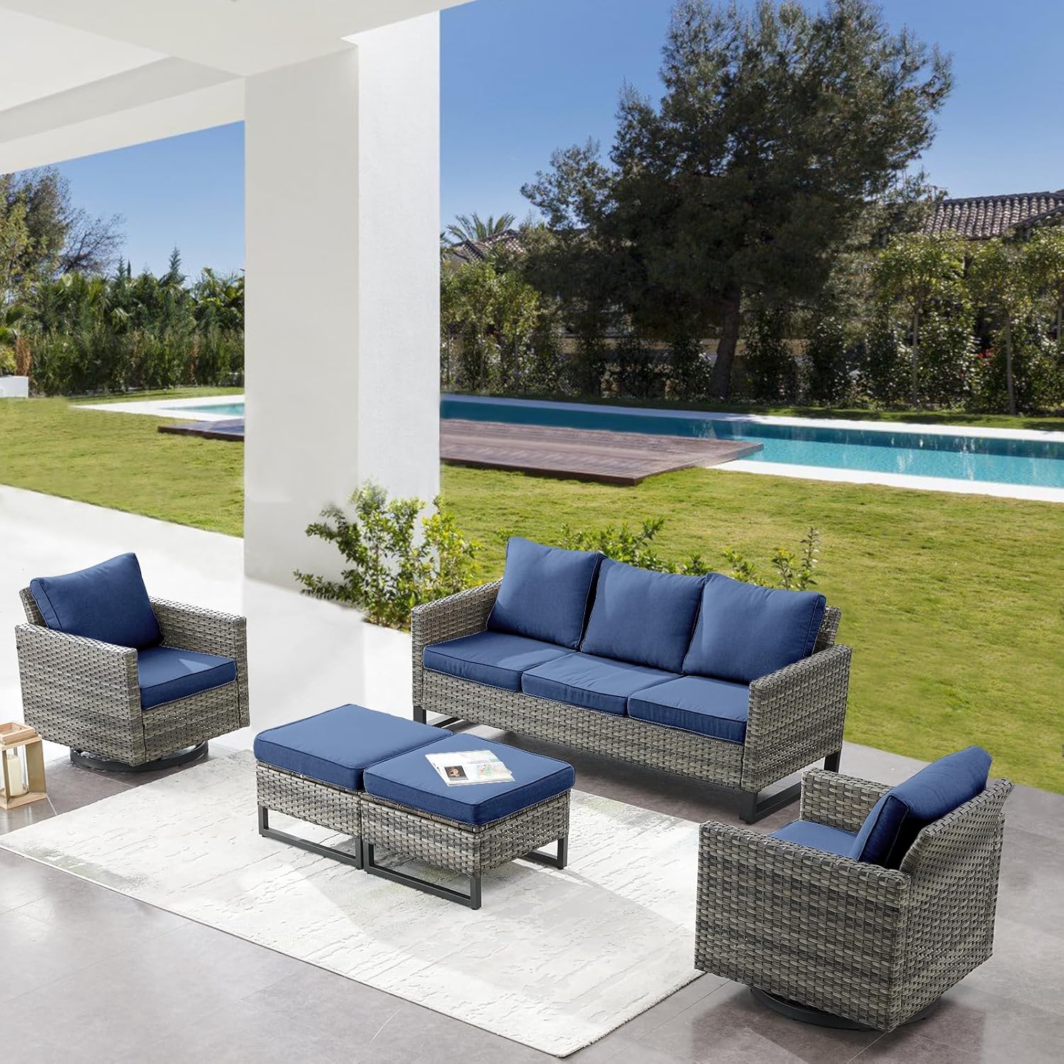 Patio Furniture 5 Piece Outdoor Sofa Set, Oversize Outdoor Dining Chairs with Rattan Ottomans, Conversation Sets Patio Furniture Come with Removable Washable