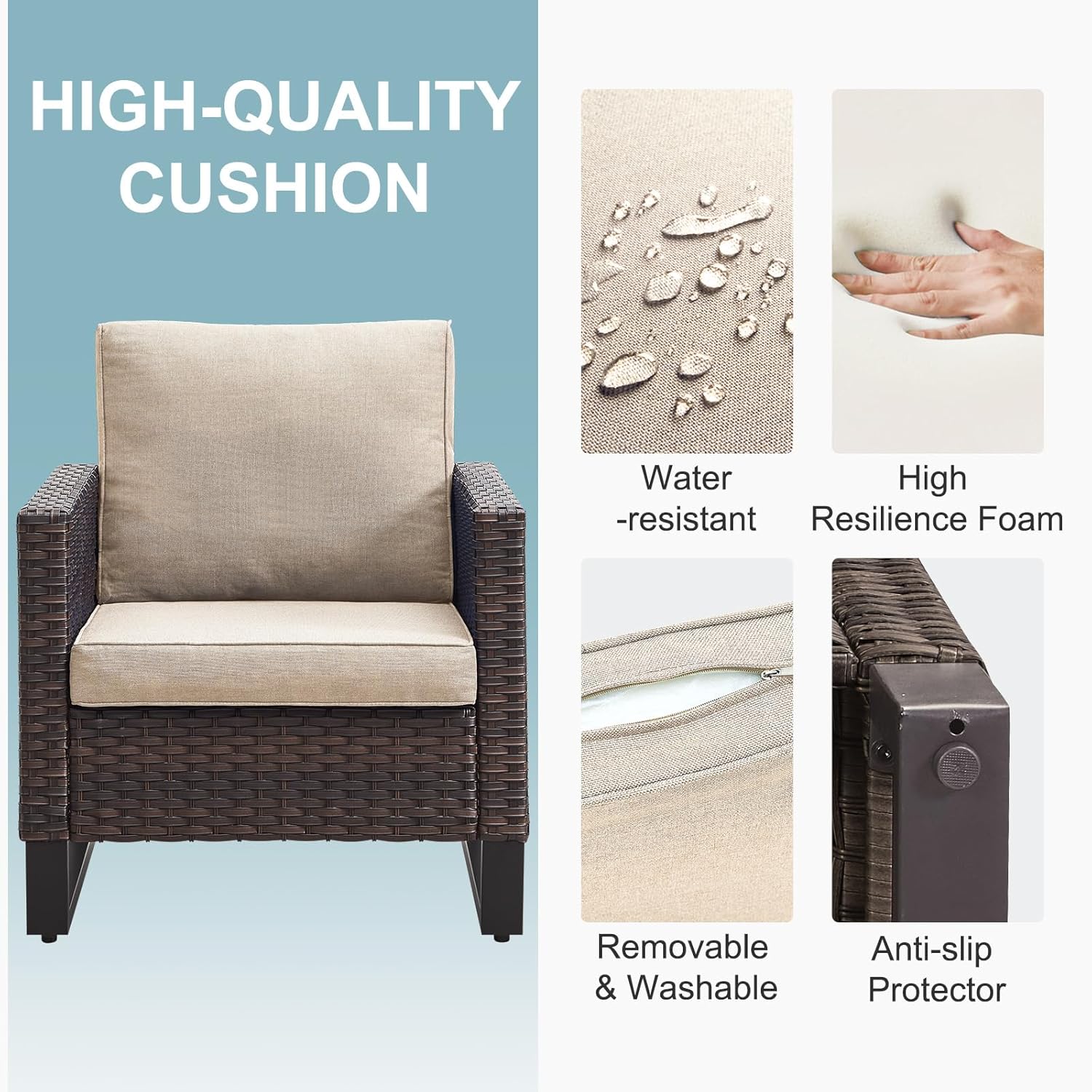 Patio Furniture 5 Piece Outdoor Sofa Set, Oversize Outdoor Dining Chairs with Rattan Ottomans, Conversation Sets Patio Furniture Come with Removable Washable