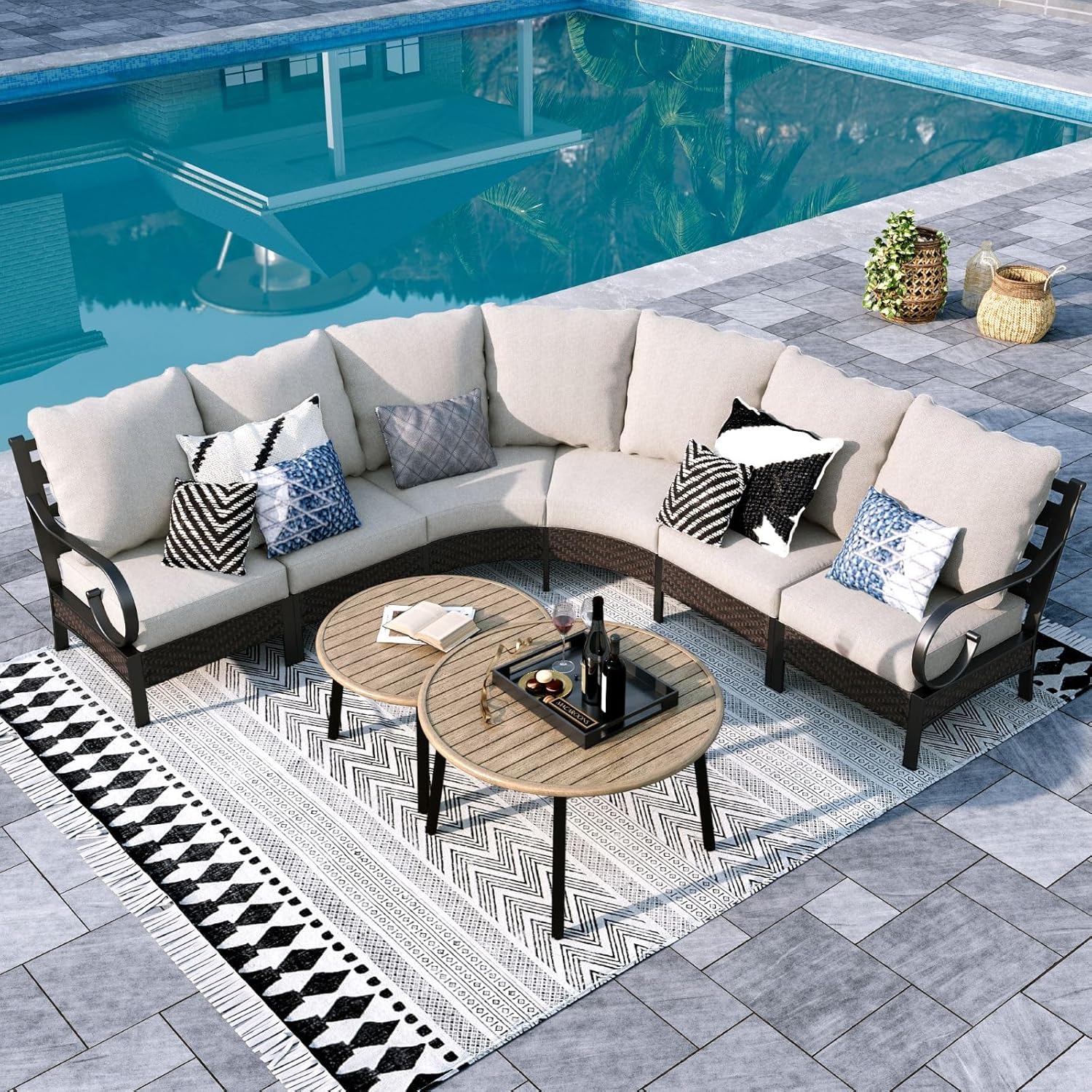 Half-Moon Patio Furniture Set, Curved Outdoor Sofa for 6 with Coffee Table, Rattan Sectional Sofa Outdoor Conversation Sets,Beige
