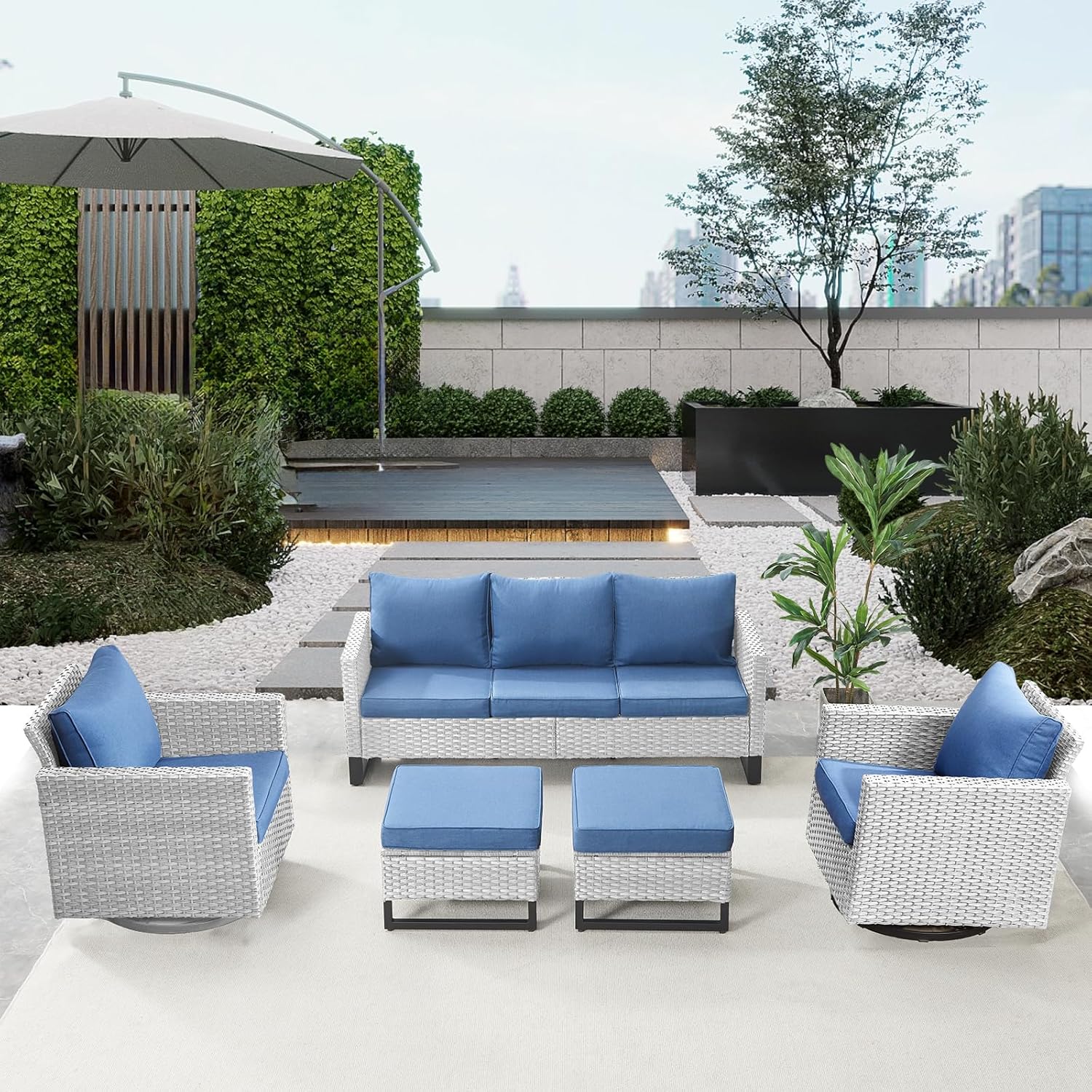 Patio Furniture 5 Piece Outdoor Sofa Set, Oversize Outdoor Dining Chairs with Rattan Ottomans, Conversation Sets Patio Furniture Come with Removable Washable