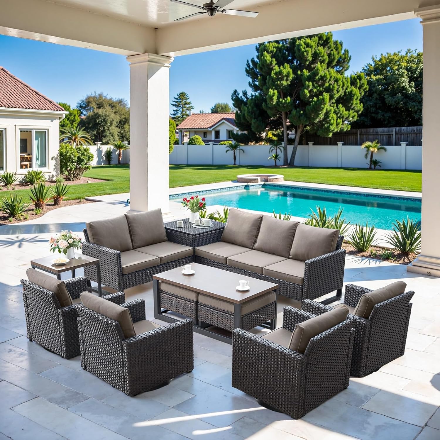 Patio Furniture 5 Piece Outdoor Sofa Set, Oversize Outdoor Dining Chairs with Rattan Ottomans, Conversation Sets Patio Furniture Come with Removable Washable