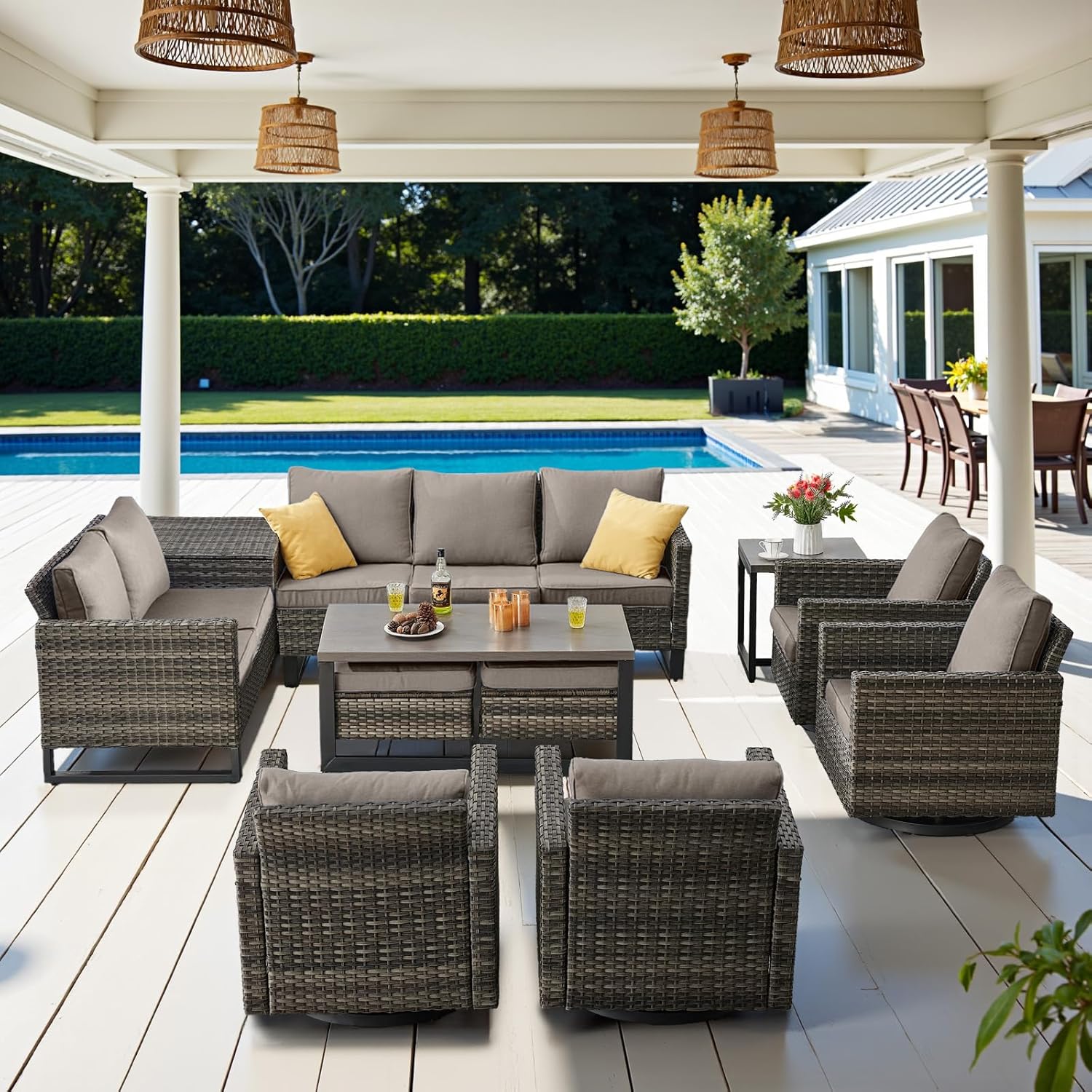 Patio Furniture 5 Piece Outdoor Sofa Set, Oversize Outdoor Dining Chairs with Rattan Ottomans, Conversation Sets Patio Furniture Come with Removable Washable