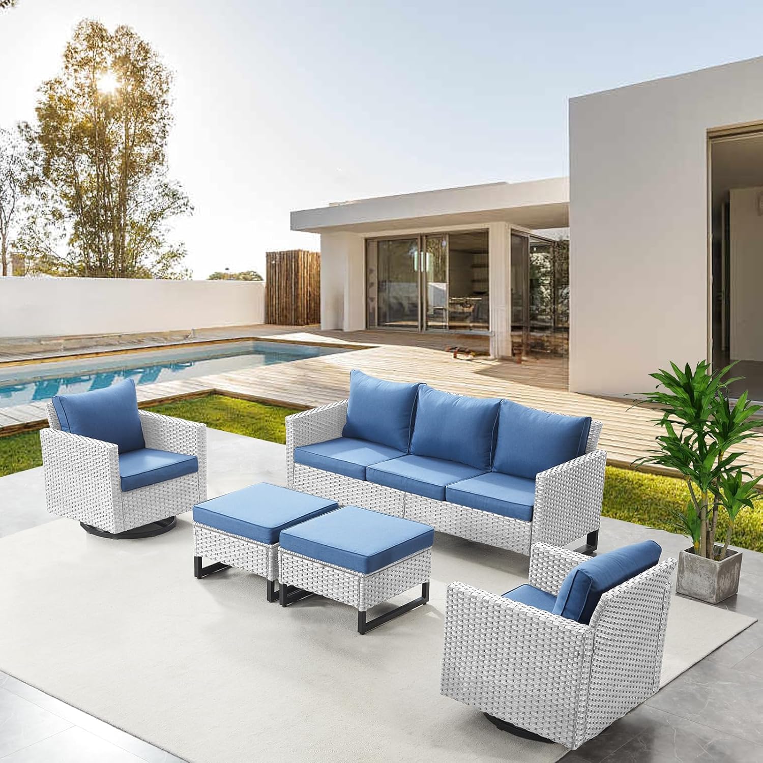 Patio Furniture 5 Piece Outdoor Sofa Set, Oversize Outdoor Dining Chairs with Rattan Ottomans, Conversation Sets Patio Furniture Come with Removable Washable