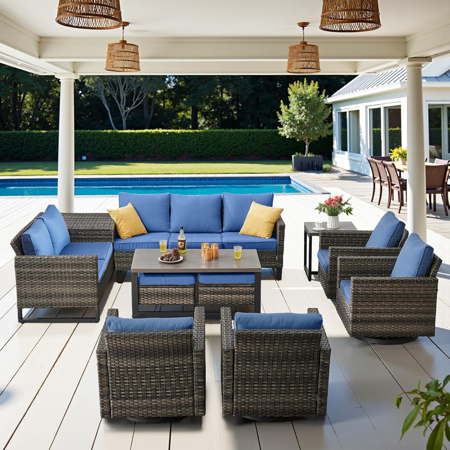 Patio Furniture 5 Piece Outdoor Sofa Set, Oversize Outdoor Dining Chairs with Rattan Ottomans, Conversation Sets Patio Furniture Come with Removable Washable