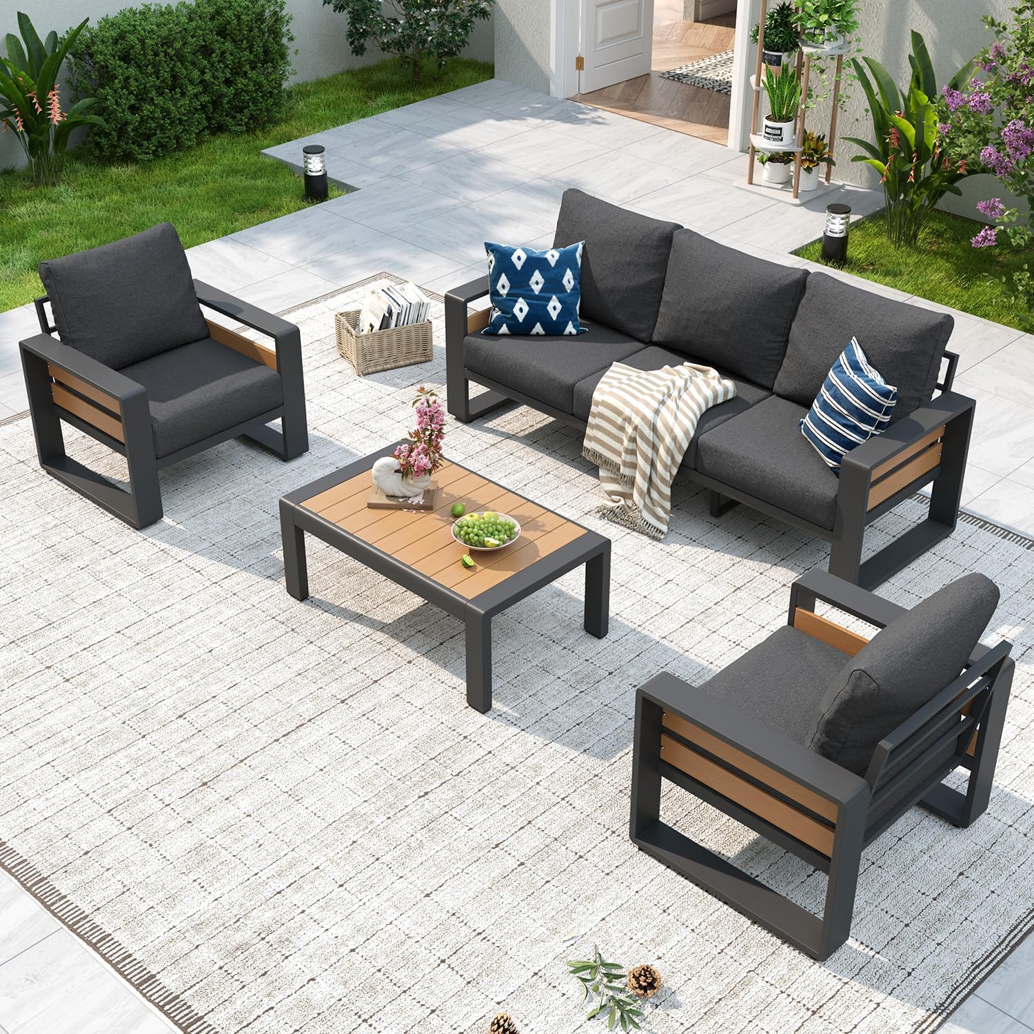 Aluminum Patio Furniture Set, 5 Seats Luxury Outdoor Sectional with 6" Olefin Fabric Cushions, Patio Conversation Sets with Coffee Table Outdoor Sofas for Backyard, Deck, Dark Grey