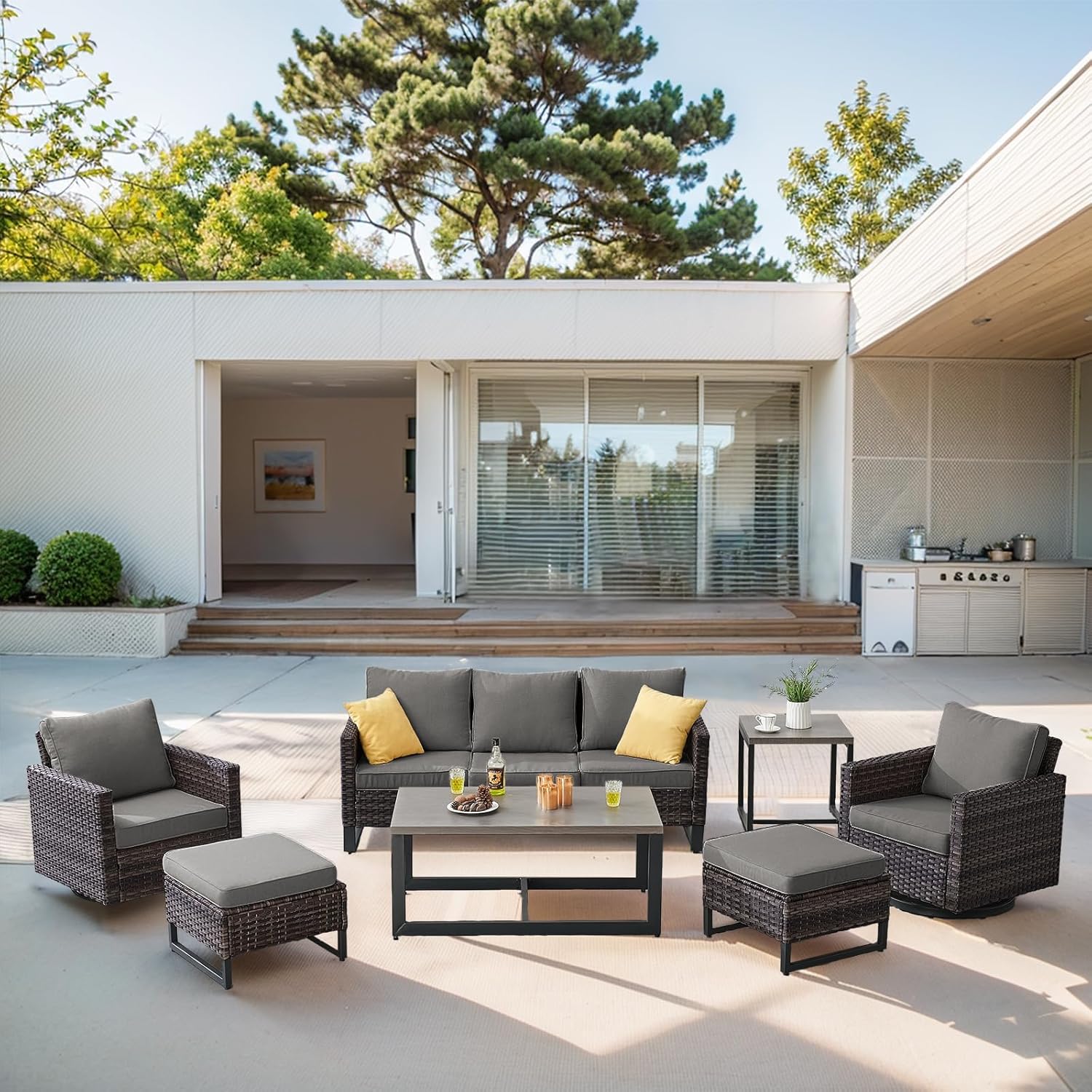 Patio Furniture 5 Piece Outdoor Sofa Set, Oversize Outdoor Dining Chairs with Rattan Ottomans, Conversation Sets Patio Furniture Come with Removable Washable