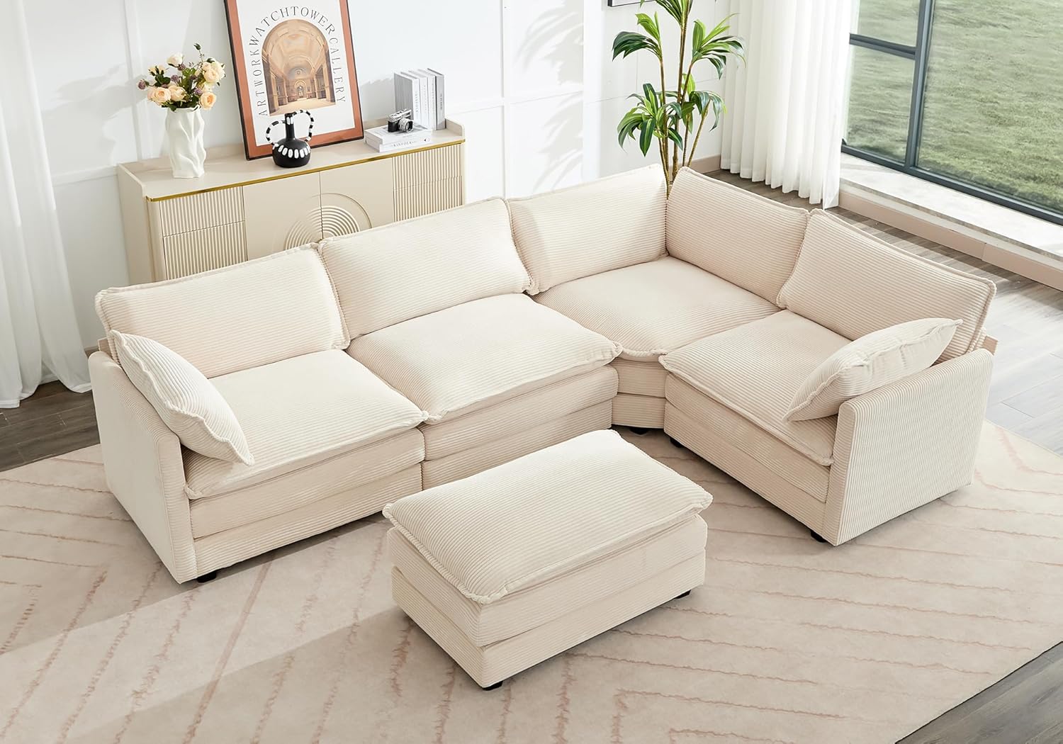 Oversized Modular Sectional Sofa with Movable Ottoman, 112 Inch 4 Seat Modern Corduroy Sofa Set, Convertible L Shaped Couch for Living Room and Office, Beige