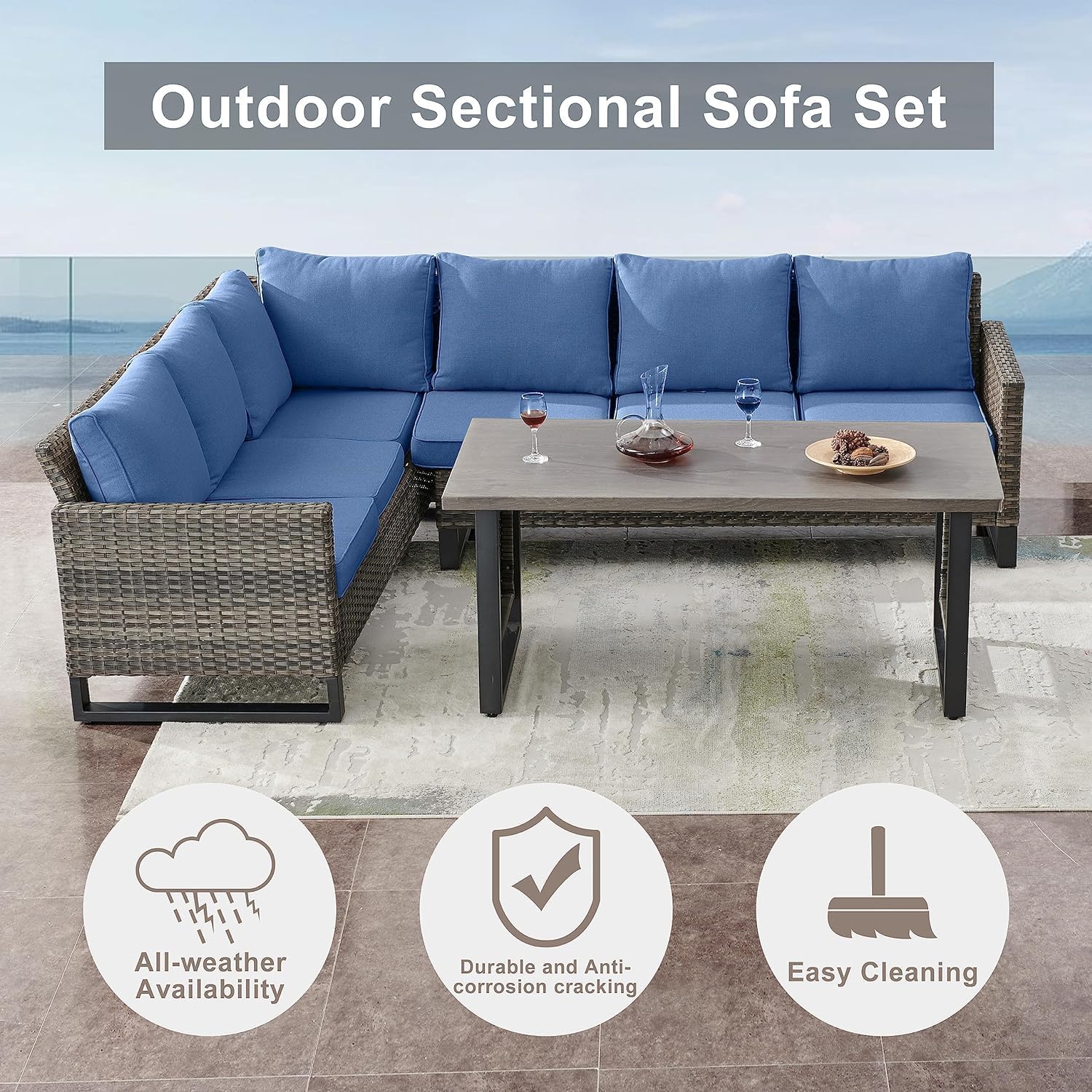 Patio Furniture 5 Piece Outdoor Sofa Set, Oversize Outdoor Dining Chairs with Rattan Ottomans, Conversation Sets Patio Furniture Come with Removable Washable