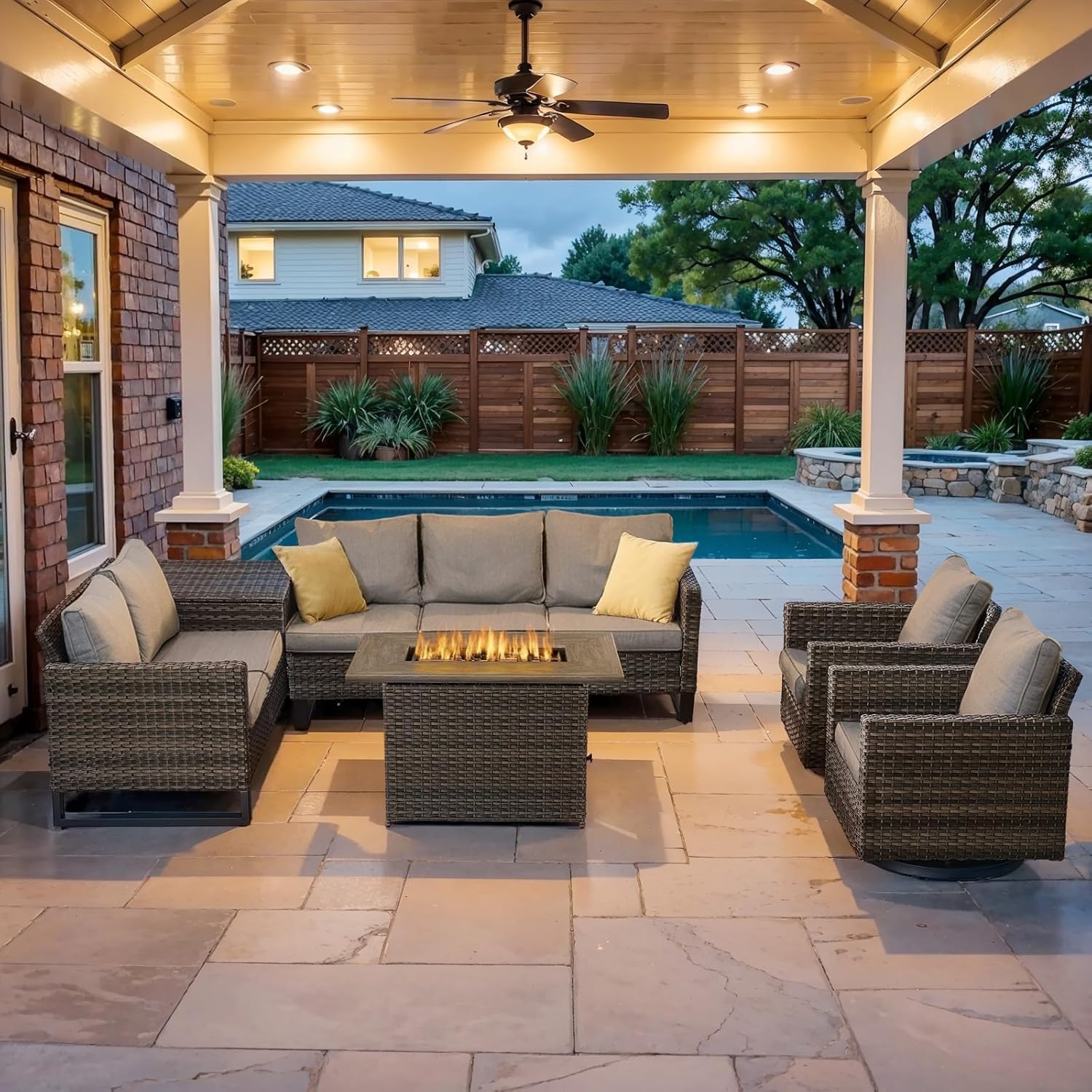 Patio Furniture 5 Piece Outdoor Sofa Set, Oversize Outdoor Dining Chairs with Rattan Ottomans, Conversation Sets Patio Furniture Come with Removable Washable