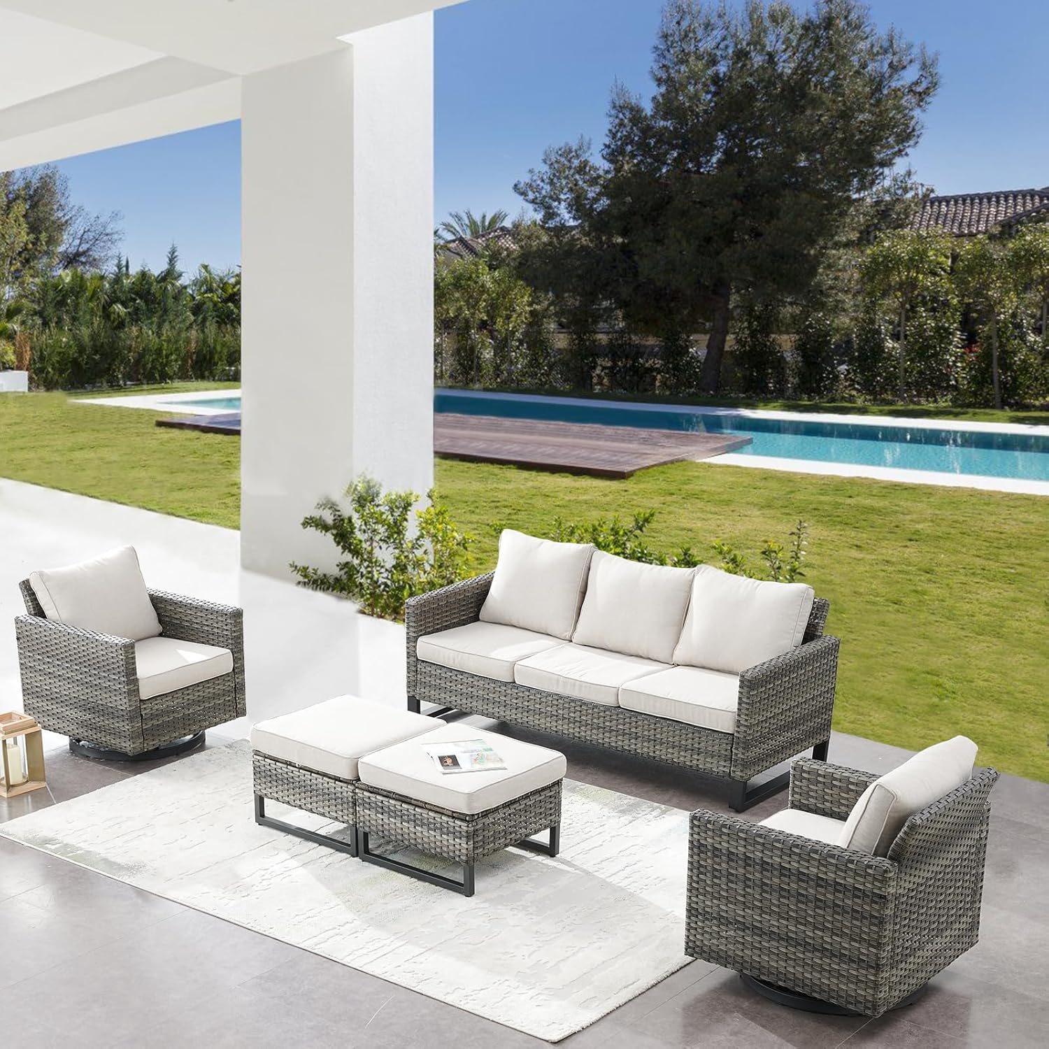 Patio Furniture 5 Piece Outdoor Sofa Set, Oversize Outdoor Dining Chairs with Rattan Ottomans, Conversation Sets Patio Furniture Come with Removable Washable