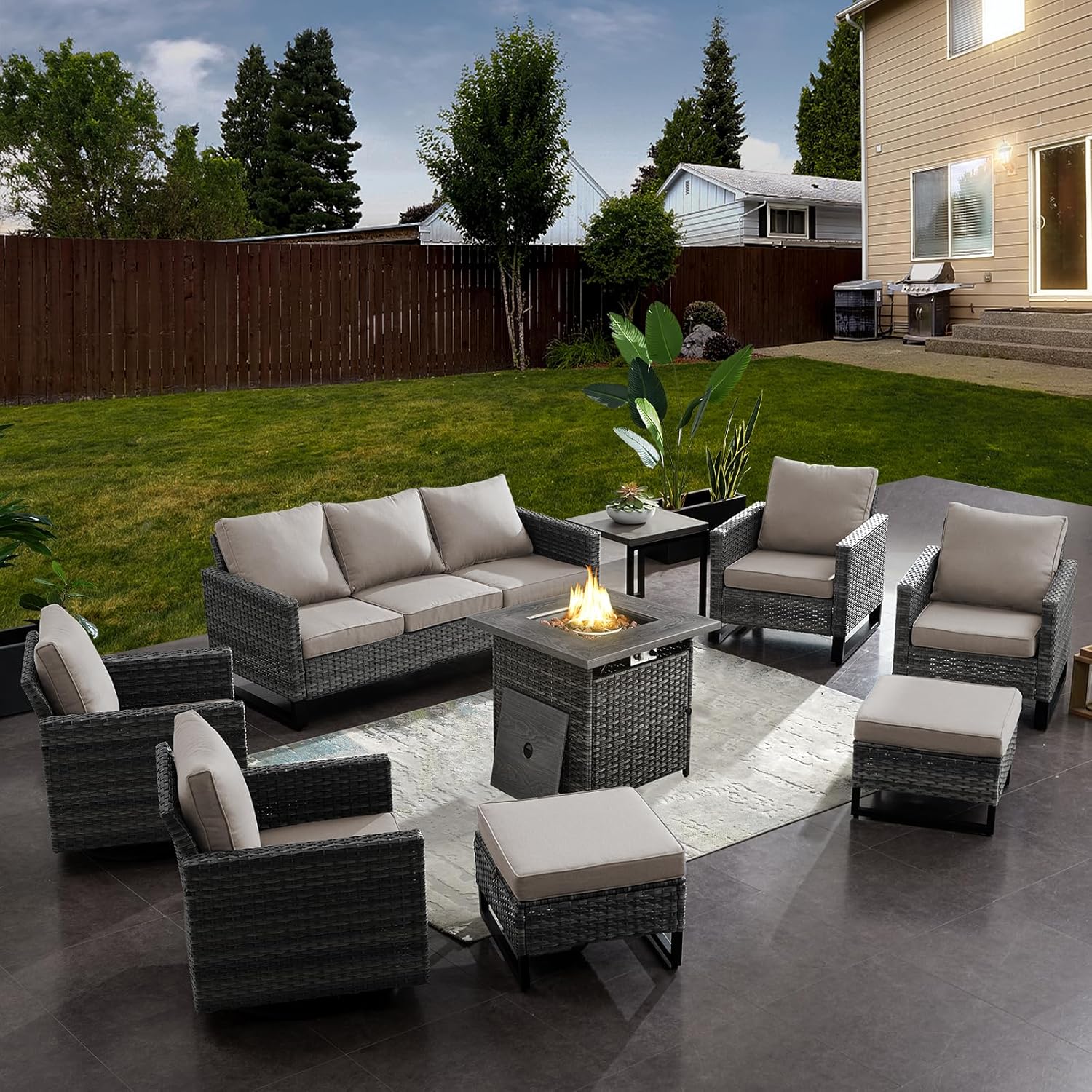 Patio Furniture 5 Piece Outdoor Sofa Set, Oversize Outdoor Dining Chairs with Rattan Ottomans, Conversation Sets Patio Furniture Come with Removable Washable