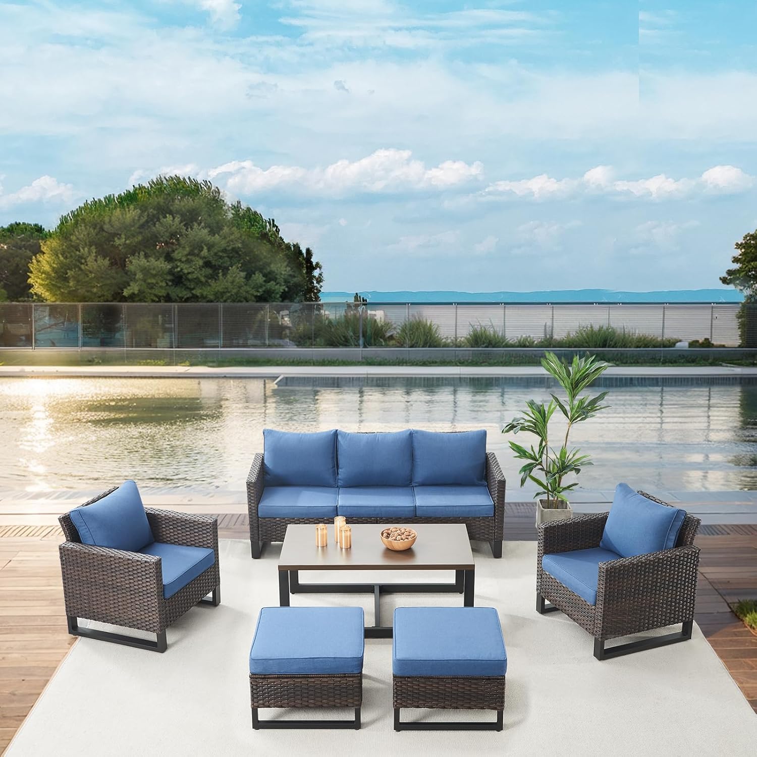 Patio Furniture 5 Piece Outdoor Sofa Set, Oversize Outdoor Dining Chairs with Rattan Ottomans, Conversation Sets Patio Furniture Come with Removable Washable