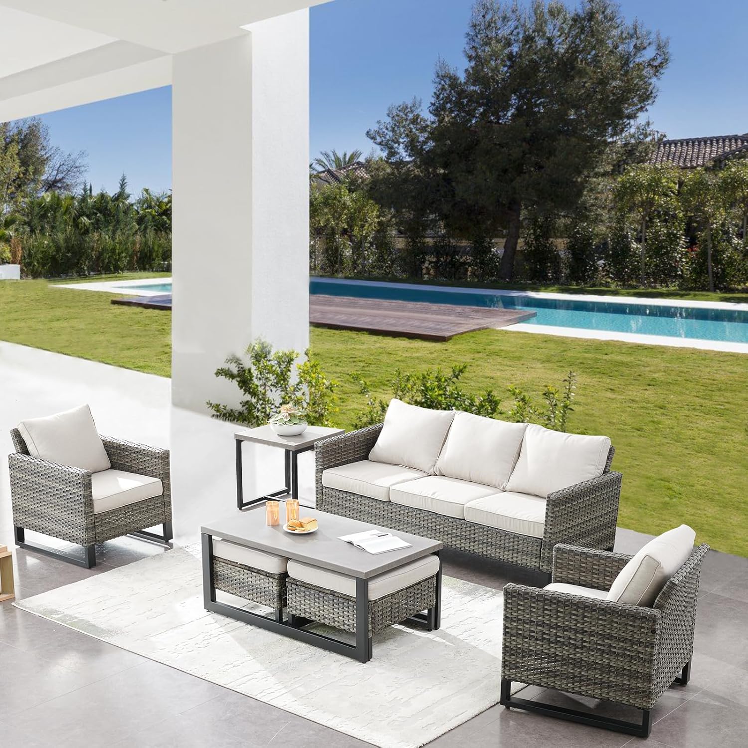 Patio Furniture 5 Piece Outdoor Sofa Set, Oversize Outdoor Dining Chairs with Rattan Ottomans, Conversation Sets Patio Furniture Come with Removable Washable