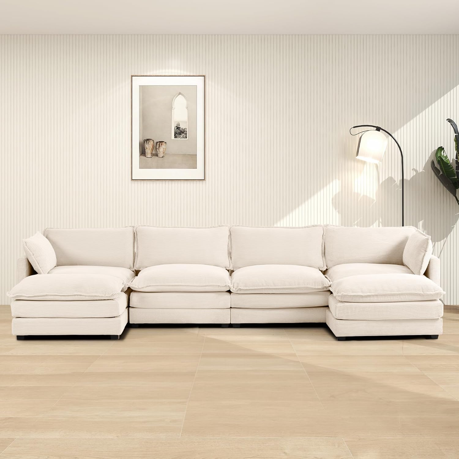 Oversized Modular Sectional Sofa with Movable Ottoman, 112 Inch 4 Seat Modern Corduroy Sofa Set, Convertible L Shaped Couch for Living Room and Office, Beige