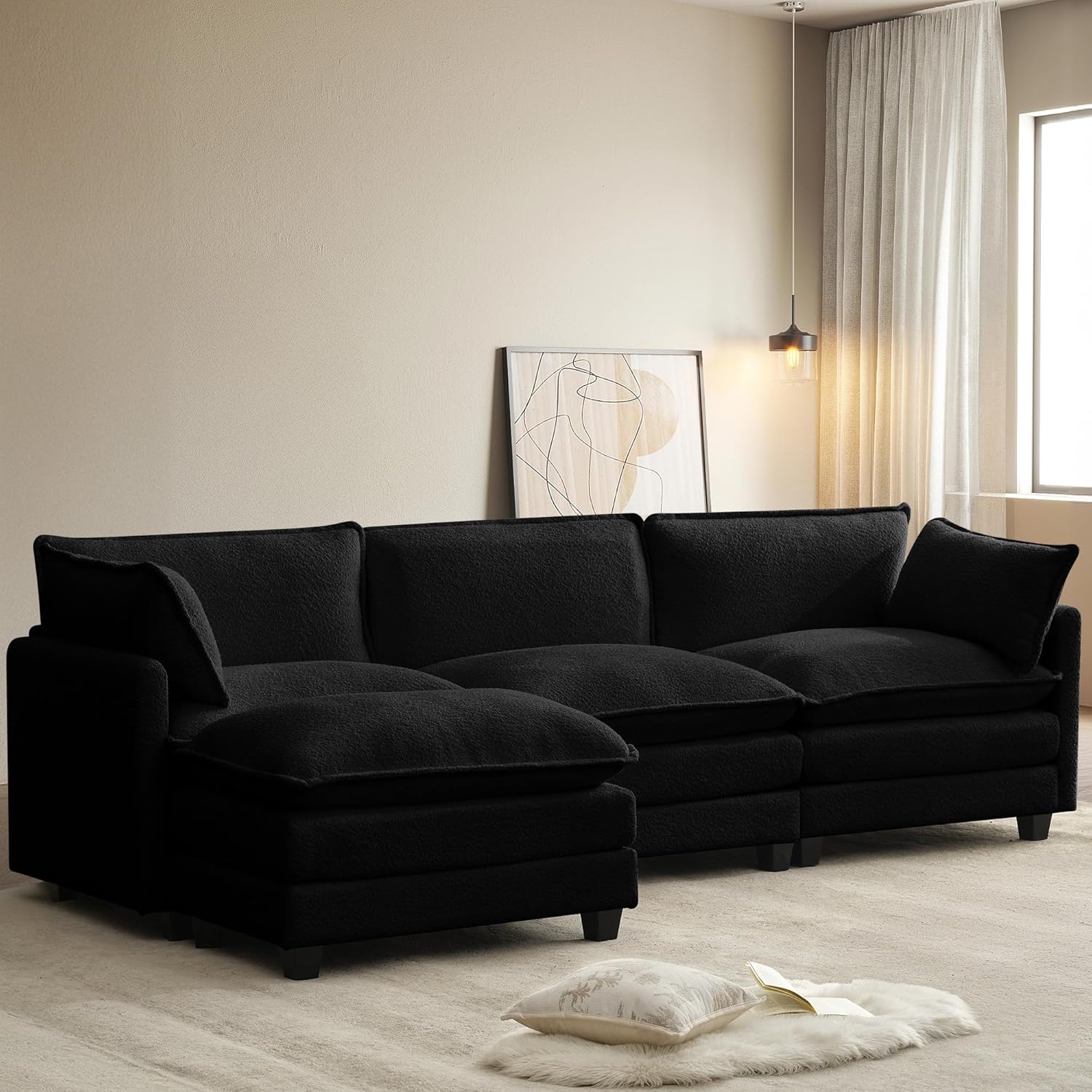 Oversized Modular Sectional Sofa with Movable Ottoman, 112 Inch 4 Seat Modern Corduroy Sofa Set, Convertible L Shaped Couch for Living Room and Office, Beige