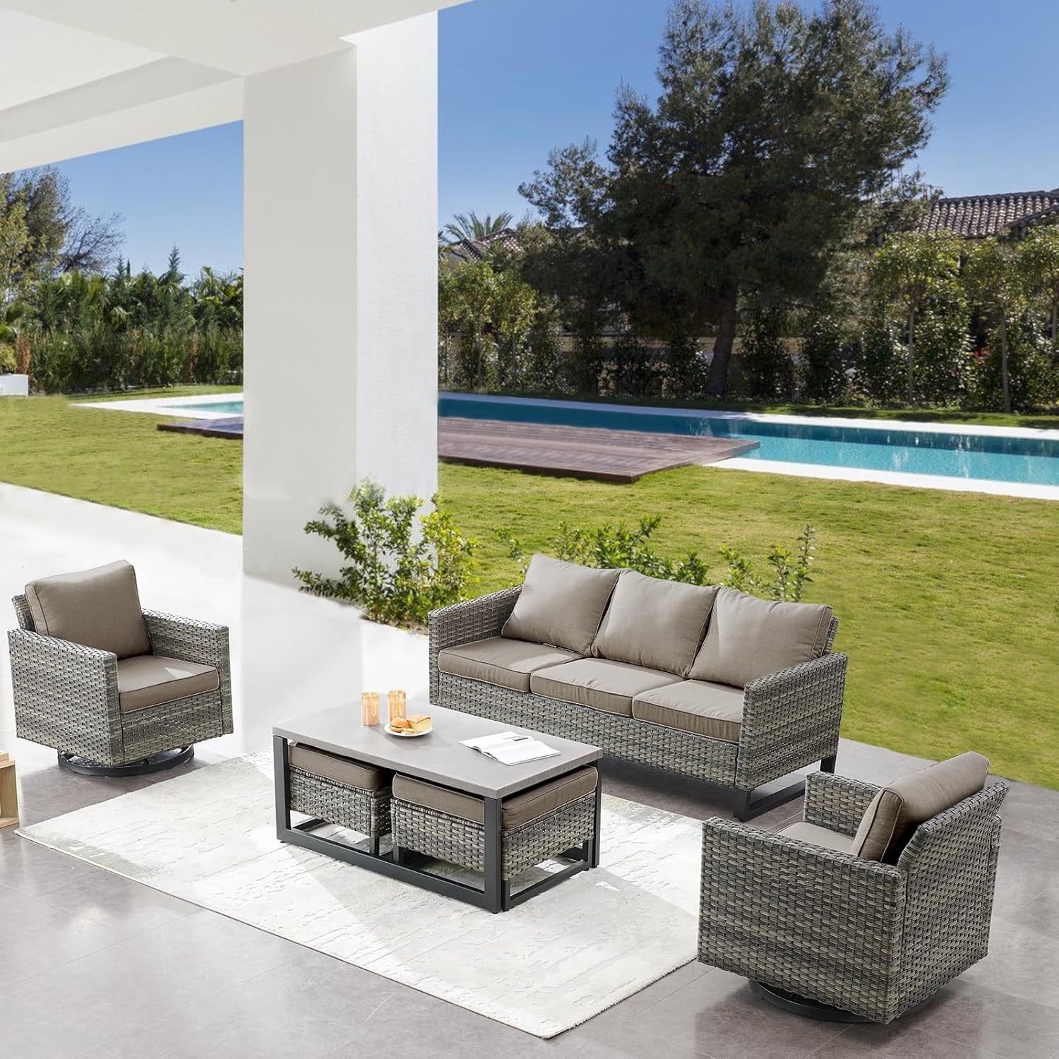 Patio Furniture 5 Piece Outdoor Sofa Set, Oversize Outdoor Dining Chairs with Rattan Ottomans, Conversation Sets Patio Furniture Come with Removable Washable