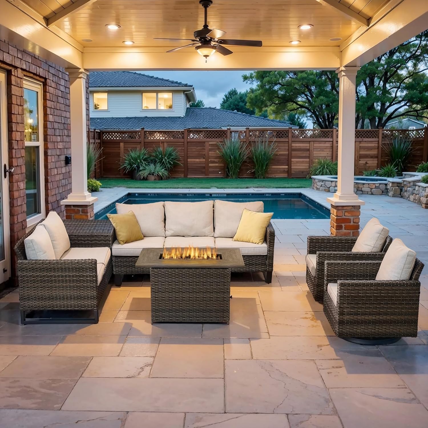 Patio Furniture 5 Piece Outdoor Sofa Set, Oversize Outdoor Dining Chairs with Rattan Ottomans, Conversation Sets Patio Furniture Come with Removable Washable