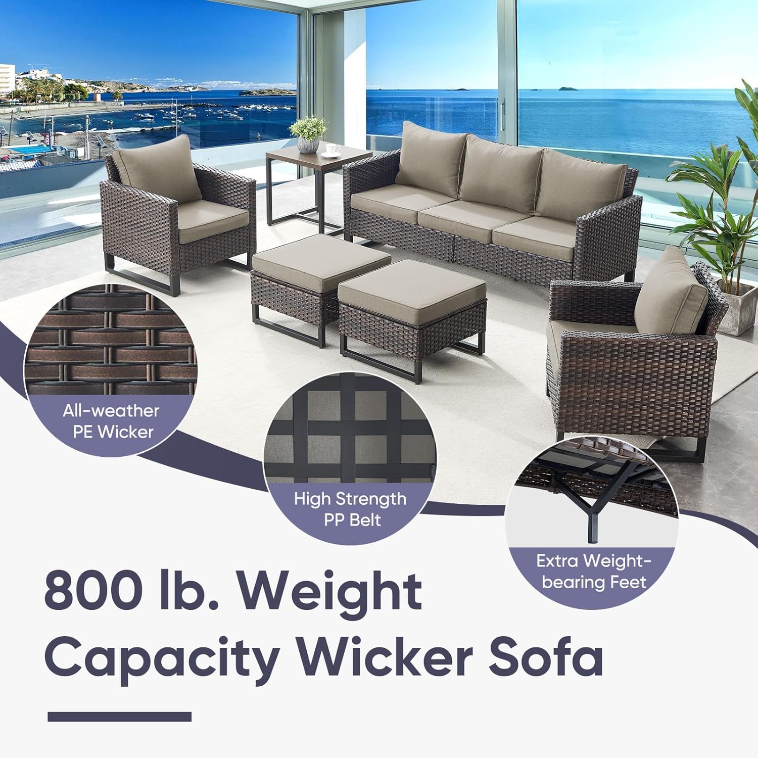 Patio Furniture 5 Piece Outdoor Sofa Set, Oversize Outdoor Dining Chairs with Rattan Ottomans, Conversation Sets Patio Furniture Come with Removable Washable