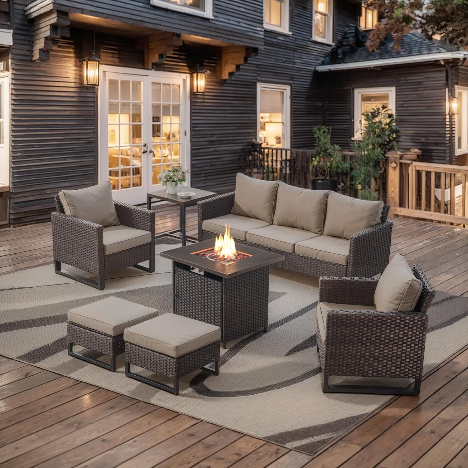 Patio Furniture 5 Piece Outdoor Sofa Set, Oversize Outdoor Dining Chairs with Rattan Ottomans, Conversation Sets Patio Furniture Come with Removable Washable