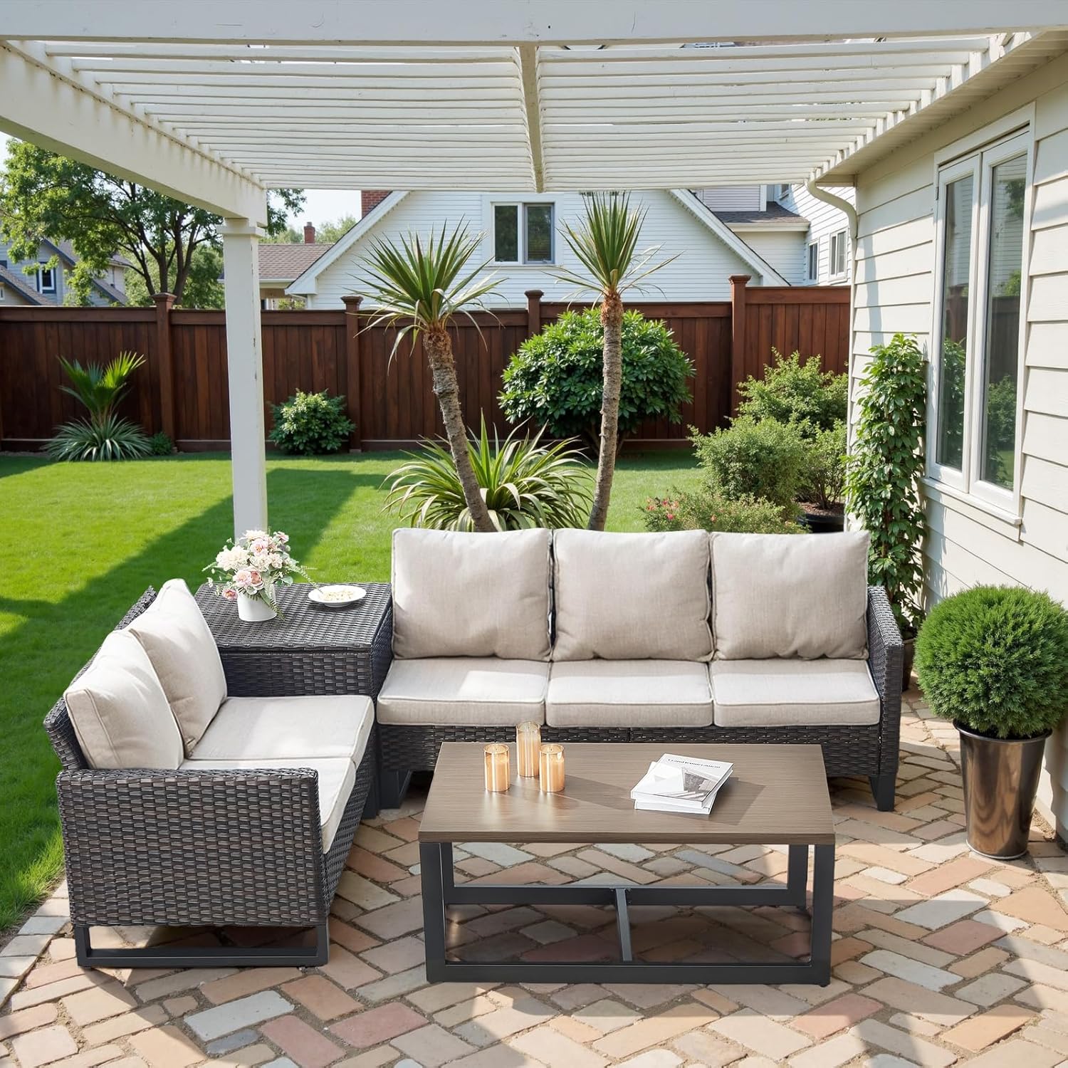 Patio Furniture 5 Piece Outdoor Sofa Set, Oversize Outdoor Dining Chairs with Rattan Ottomans, Conversation Sets Patio Furniture Come with Removable Washable
