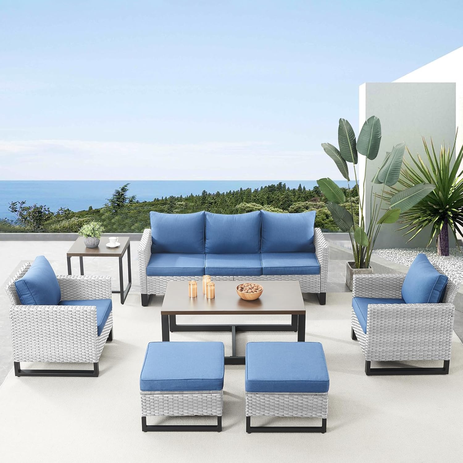 Patio Furniture 5 Piece Outdoor Sofa Set, Oversize Outdoor Dining Chairs with Rattan Ottomans, Conversation Sets Patio Furniture Come with Removable Washable
