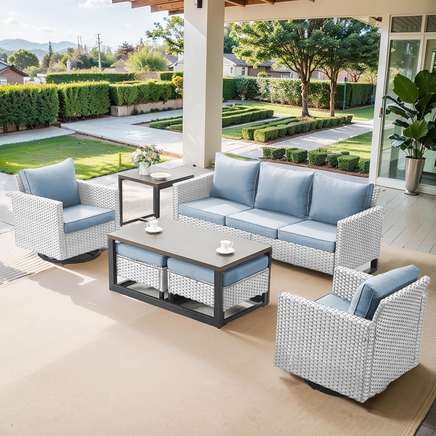 Patio Furniture 5 Piece Outdoor Sofa Set, Oversize Outdoor Dining Chairs with Rattan Ottomans, Conversation Sets Patio Furniture Come with Removable Washable