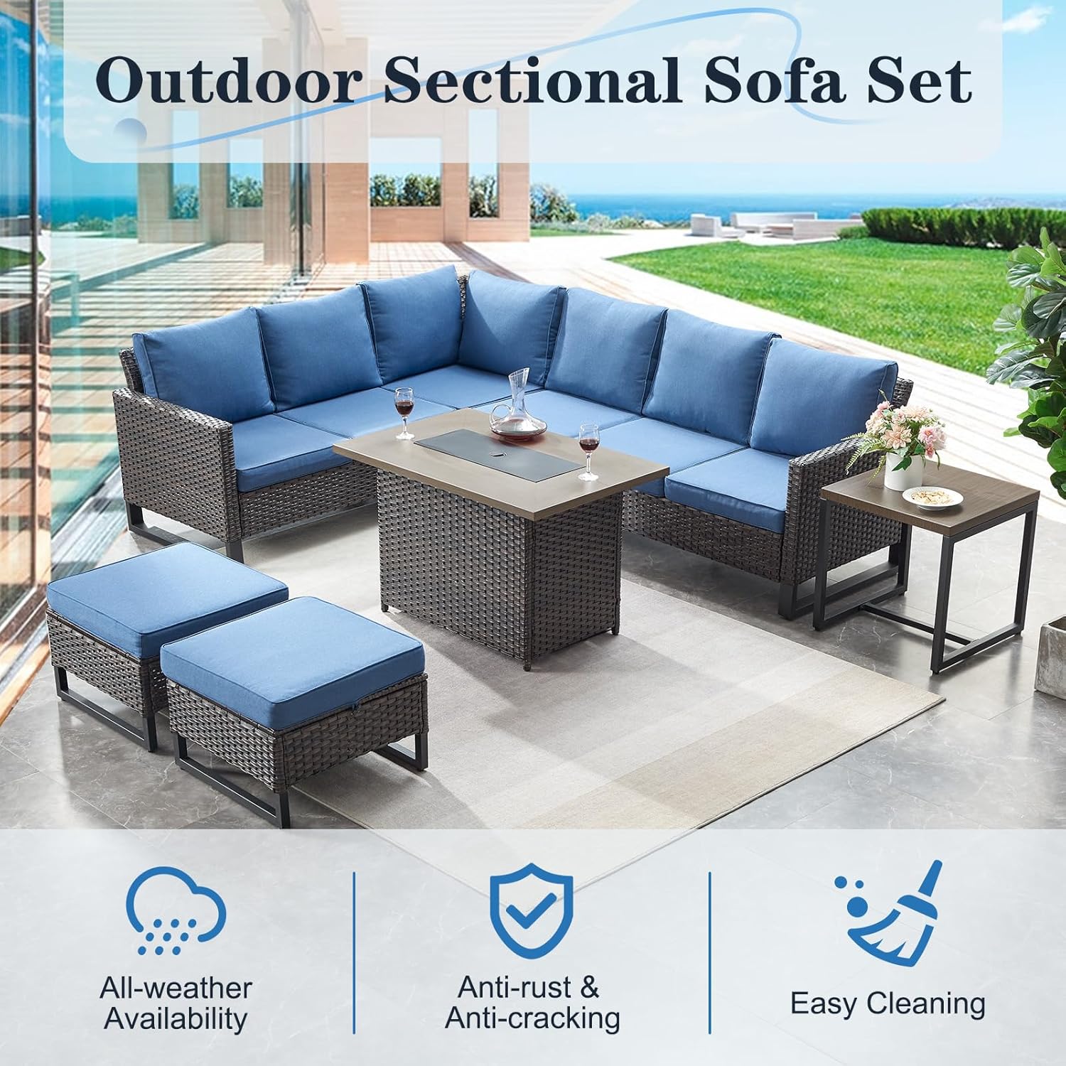 Patio Furniture 5 Piece Outdoor Sofa Set, Oversize Outdoor Dining Chairs with Rattan Ottomans, Conversation Sets Patio Furniture Come with Removable Washable