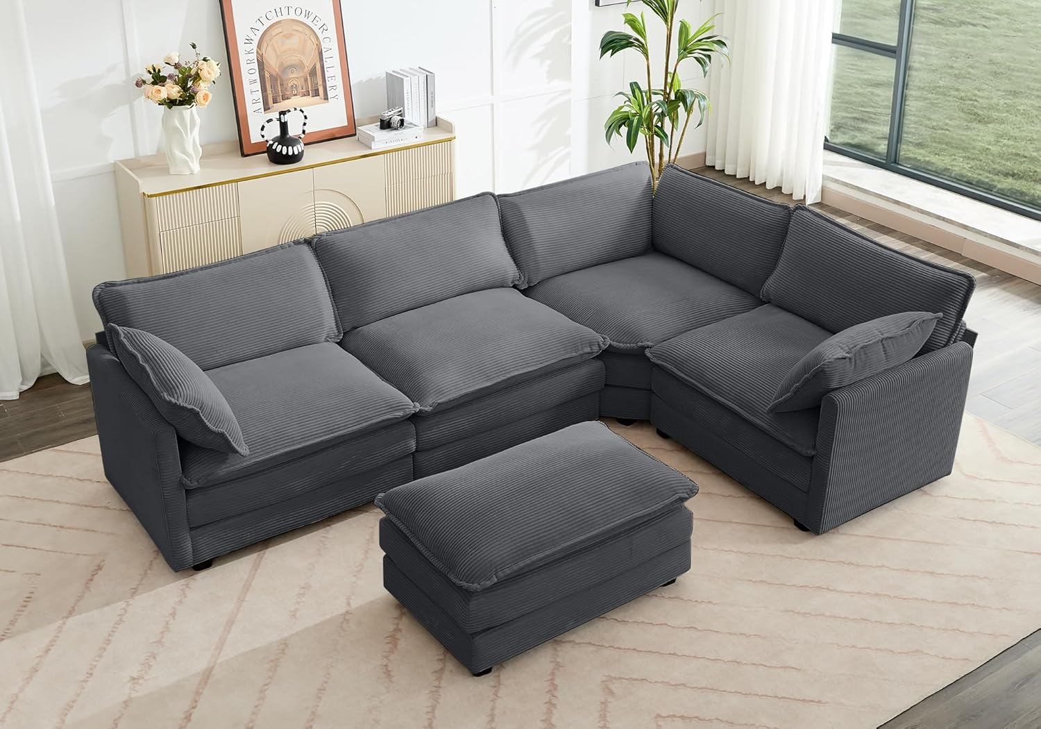 Oversized Modular Sectional Sofa with Movable Ottoman, 112 Inch 4 Seat Modern Corduroy Sofa Set, Convertible L Shaped Couch for Living Room and Office, Beige