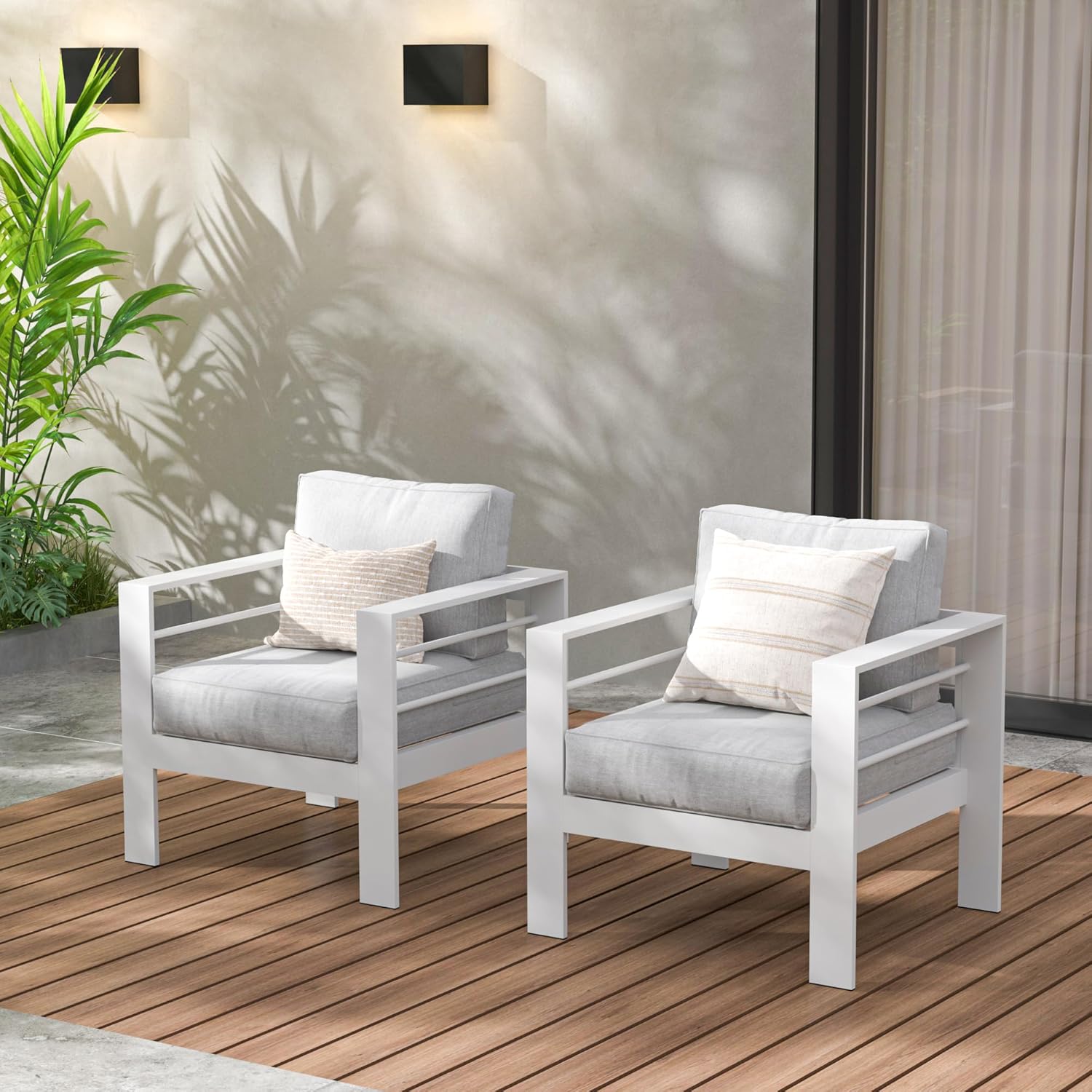 Patio Furniture Aluminum Sofa, All-Weather Outdoor 3 Seats Couch, Black Metal Chair with Light Grey Cushions