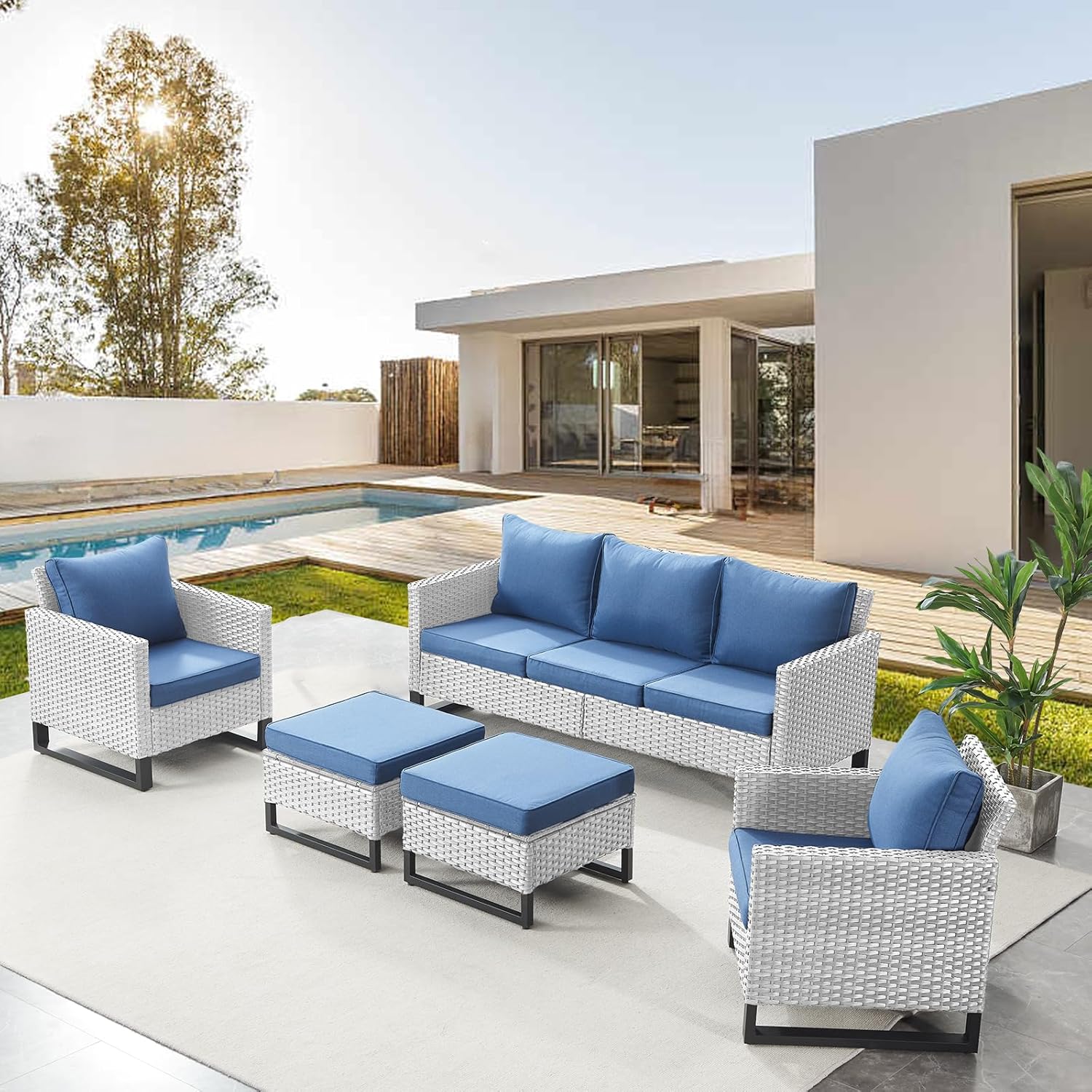 Patio Furniture 5 Piece Outdoor Sofa Set, Oversize Outdoor Dining Chairs with Rattan Ottomans, Conversation Sets Patio Furniture Come with Removable Washable
