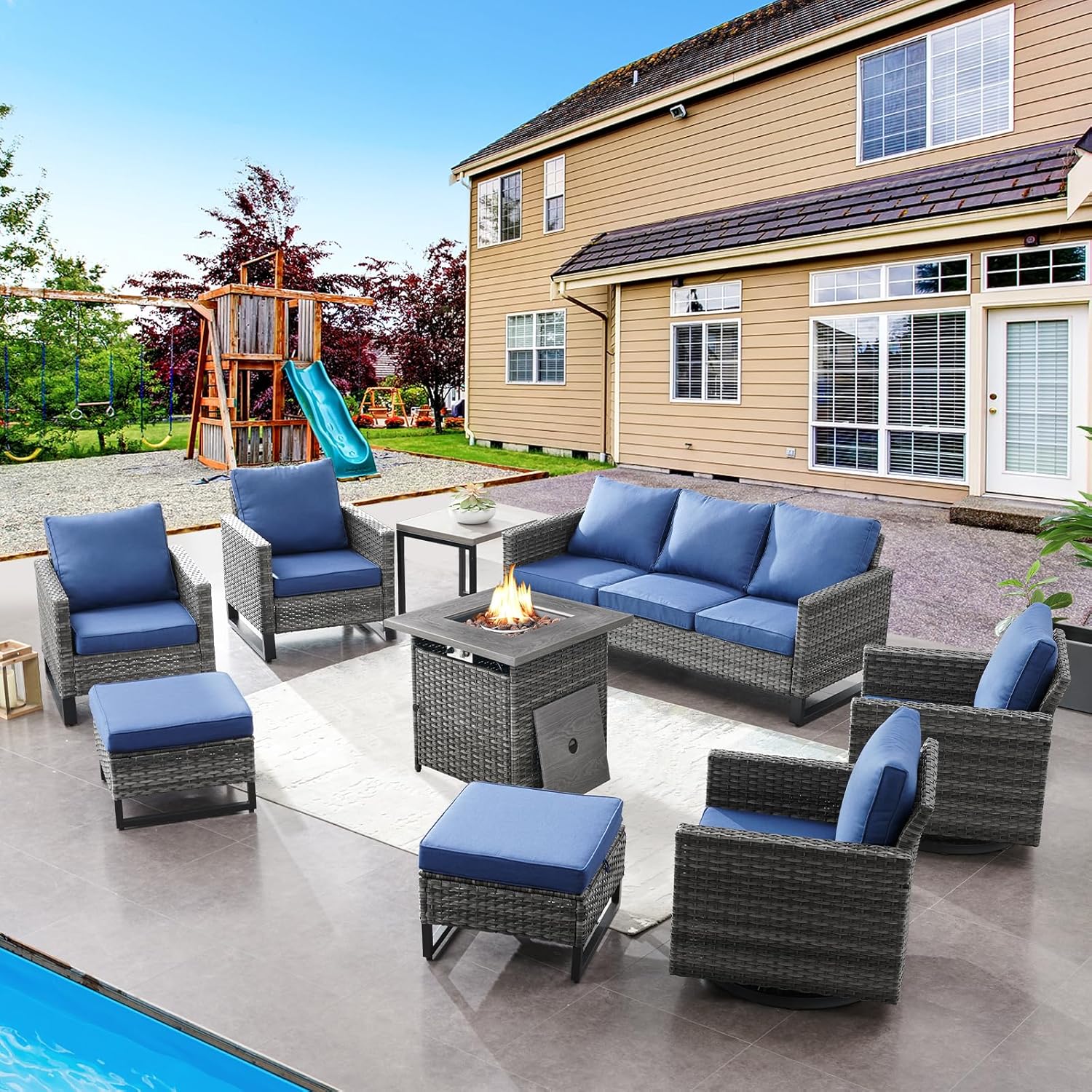 Patio Furniture 5 Piece Outdoor Sofa Set, Oversize Outdoor Dining Chairs with Rattan Ottomans, Conversation Sets Patio Furniture Come with Removable Washable
