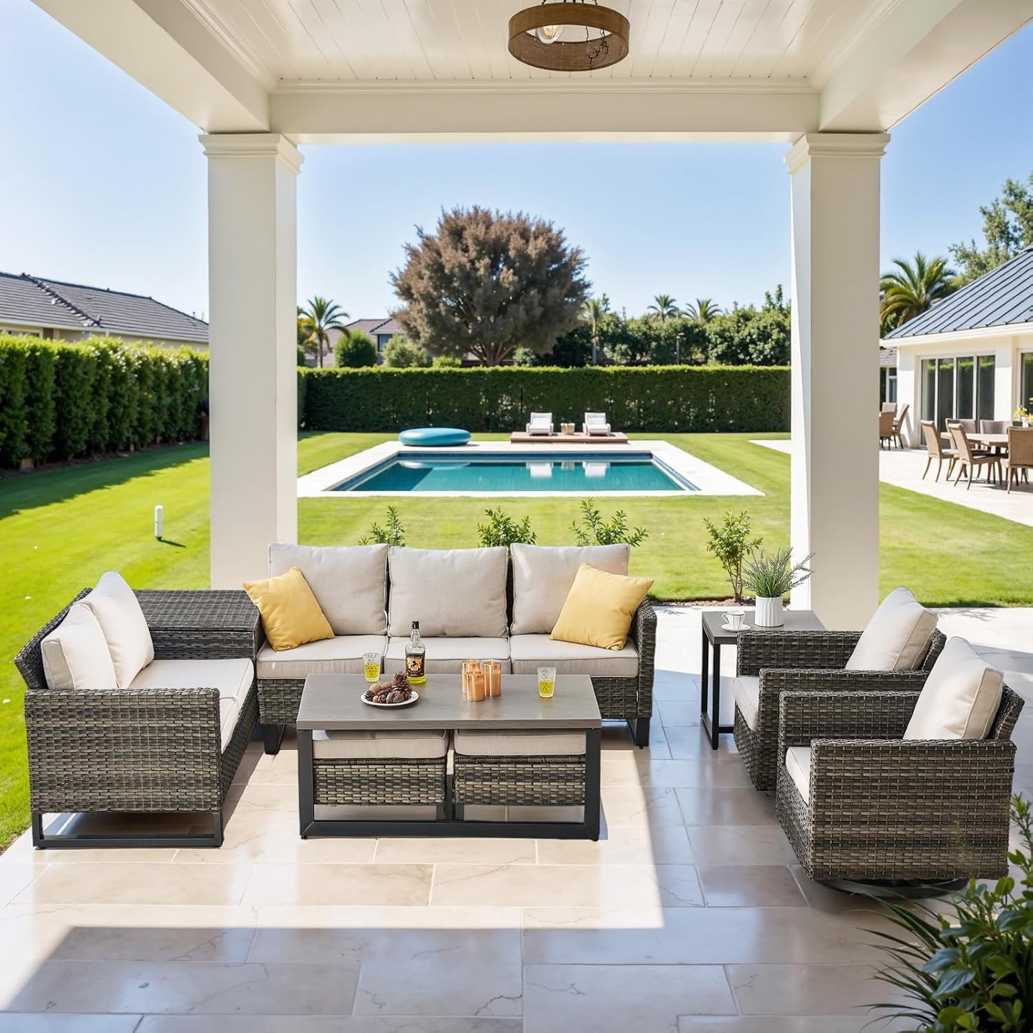 Patio Furniture 5 Piece Outdoor Sofa Set, Oversize Outdoor Dining Chairs with Rattan Ottomans, Conversation Sets Patio Furniture Come with Removable Washable