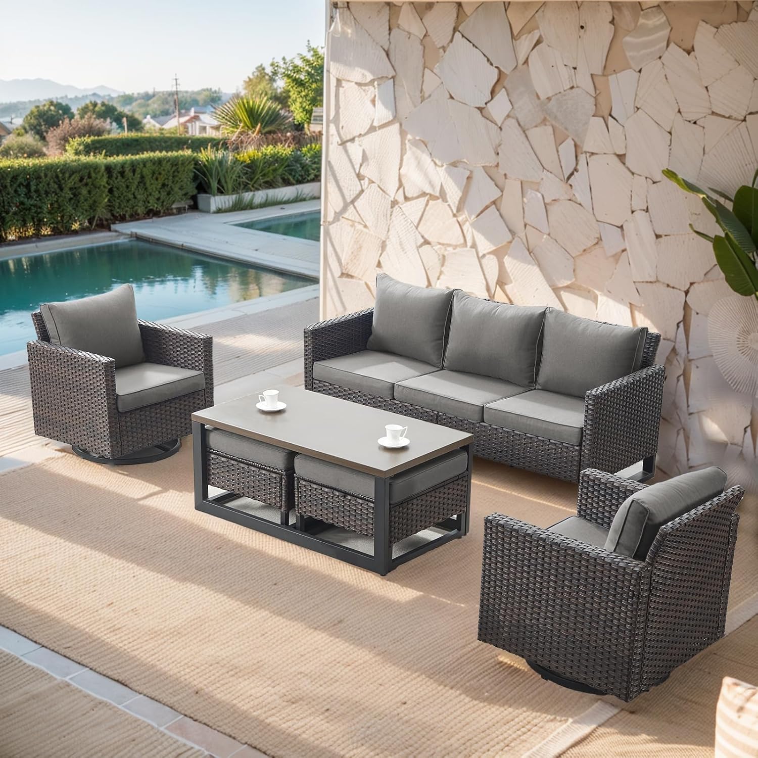 Patio Furniture 5 Piece Outdoor Sofa Set, Oversize Outdoor Dining Chairs with Rattan Ottomans, Conversation Sets Patio Furniture Come with Removable Washable
