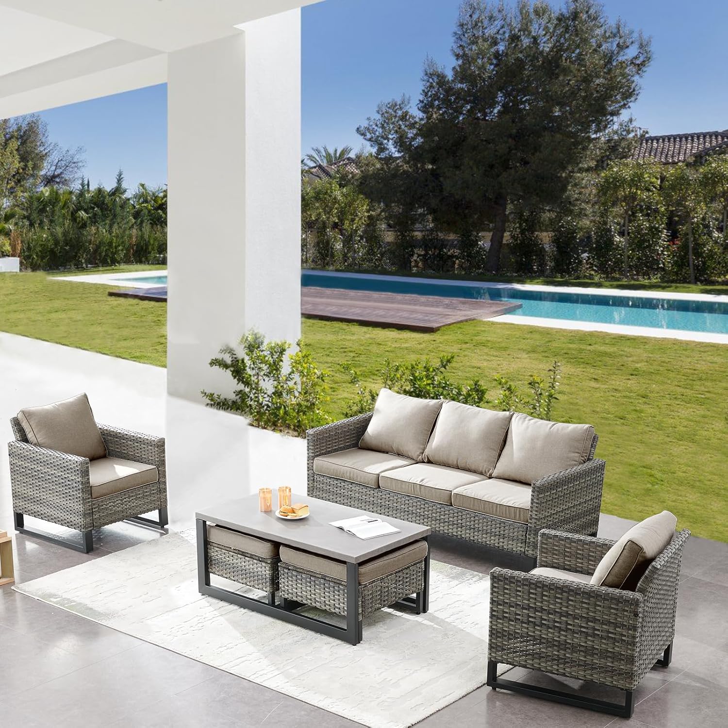 Patio Furniture 5 Piece Outdoor Sofa Set, Oversize Outdoor Dining Chairs with Rattan Ottomans, Conversation Sets Patio Furniture Come with Removable Washable