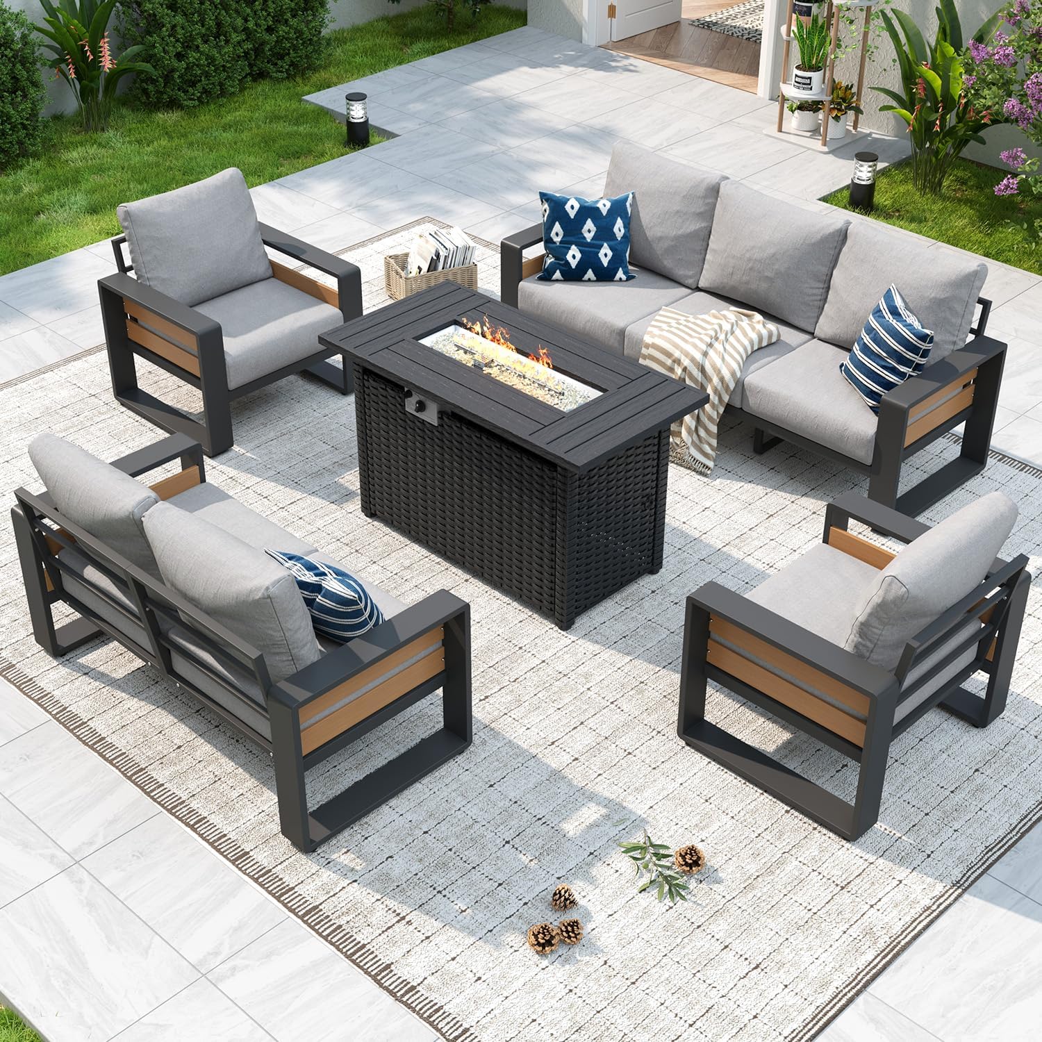 Aluminum Patio Furniture Set, 5 Seats Luxury Outdoor Sectional with 6" Olefin Fabric Cushions, Patio Conversation Sets with Coffee Table Outdoor Sofas for Backyard, Deck, Dark Grey