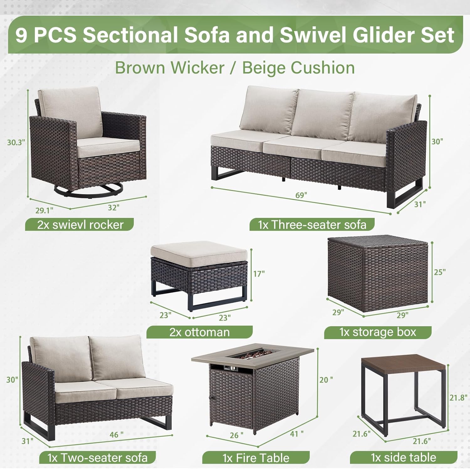 Patio Furniture 5 Piece Outdoor Sofa Set, Oversize Outdoor Dining Chairs with Rattan Ottomans, Conversation Sets Patio Furniture Come with Removable Washable