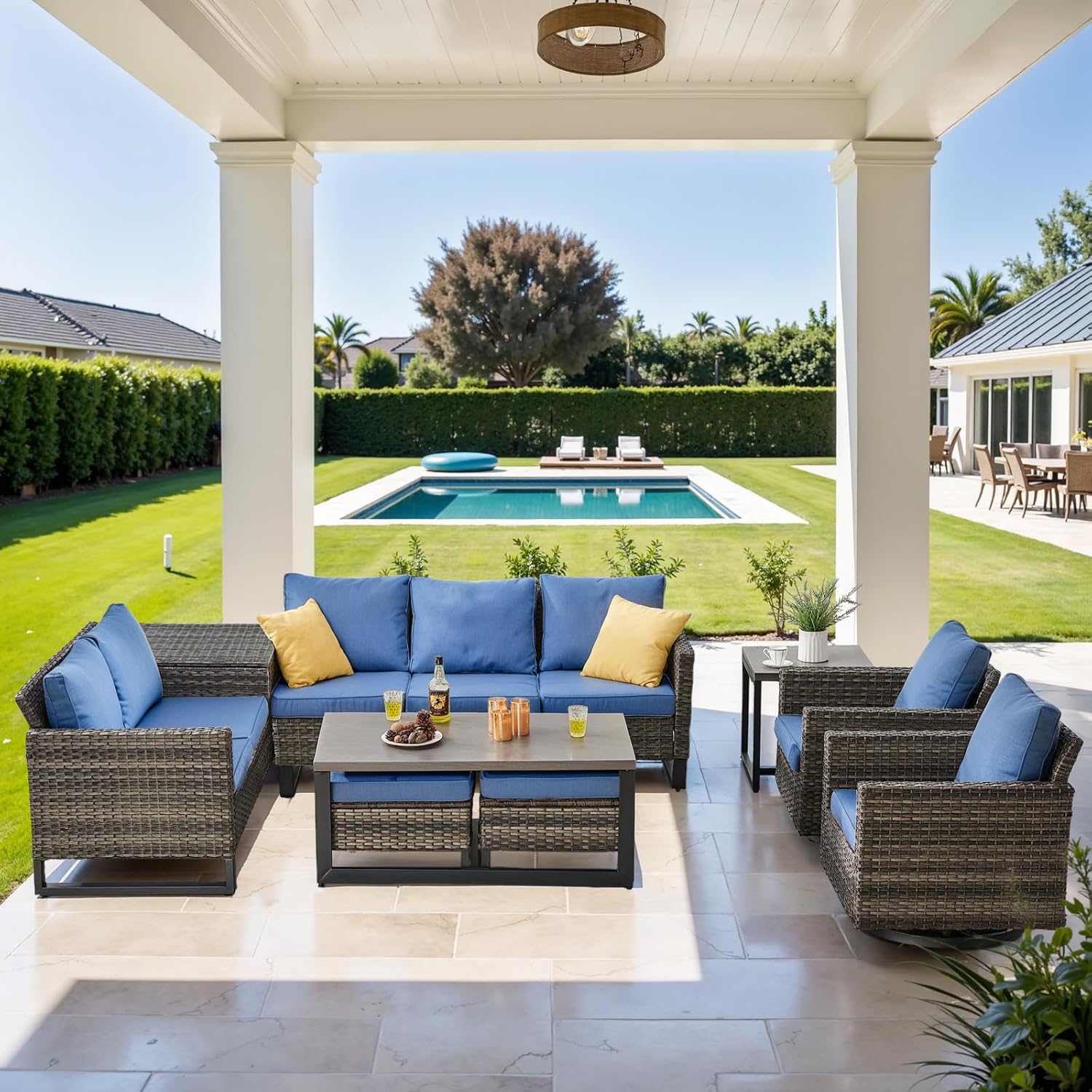 Patio Furniture 5 Piece Outdoor Sofa Set, Oversize Outdoor Dining Chairs with Rattan Ottomans, Conversation Sets Patio Furniture Come with Removable Washable