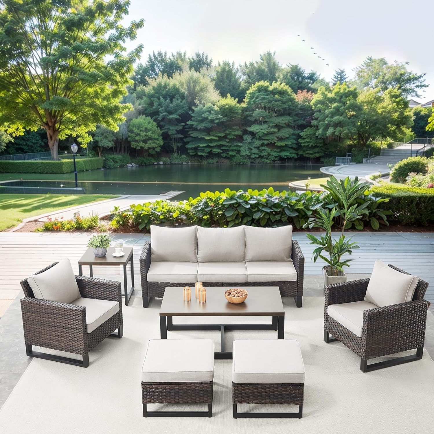 Patio Furniture 5 Piece Outdoor Sofa Set, Oversize Outdoor Dining Chairs with Rattan Ottomans, Conversation Sets Patio Furniture Come with Removable Washable
