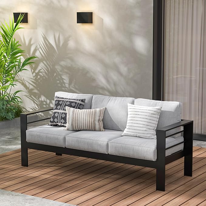 Patio Furniture Aluminum Sofa, All-Weather Outdoor 3 Seats Couch, Black Metal Chair with Light Grey Cushions