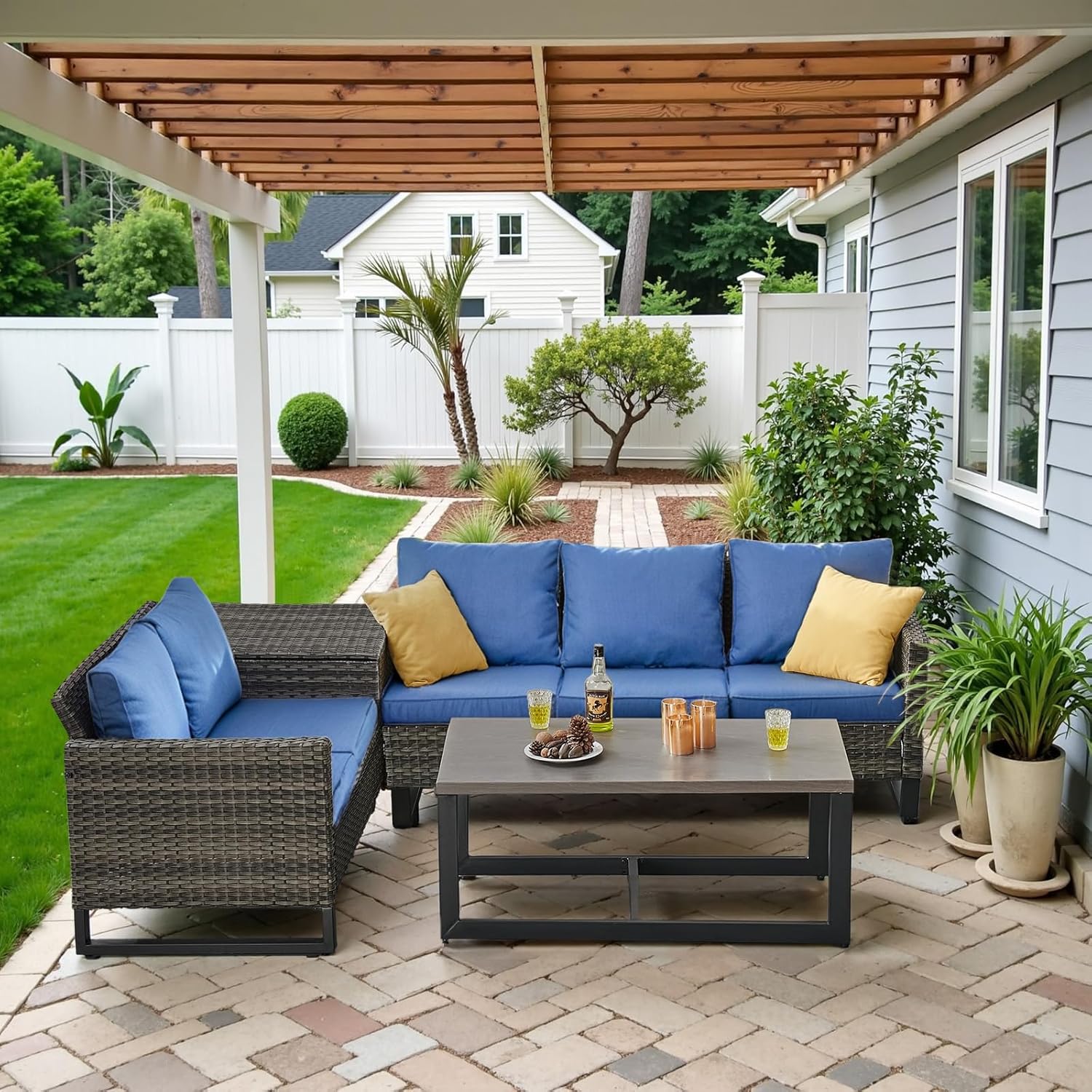 Patio Furniture 5 Piece Outdoor Sofa Set, Oversize Outdoor Dining Chairs with Rattan Ottomans, Conversation Sets Patio Furniture Come with Removable Washable