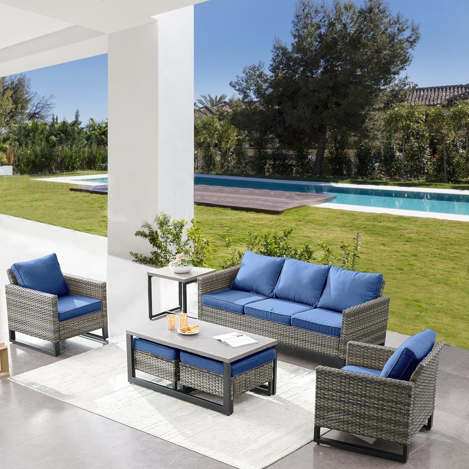 Patio Furniture 5 Piece Outdoor Sofa Set, Oversize Outdoor Dining Chairs with Rattan Ottomans, Conversation Sets Patio Furniture Come with Removable Washable