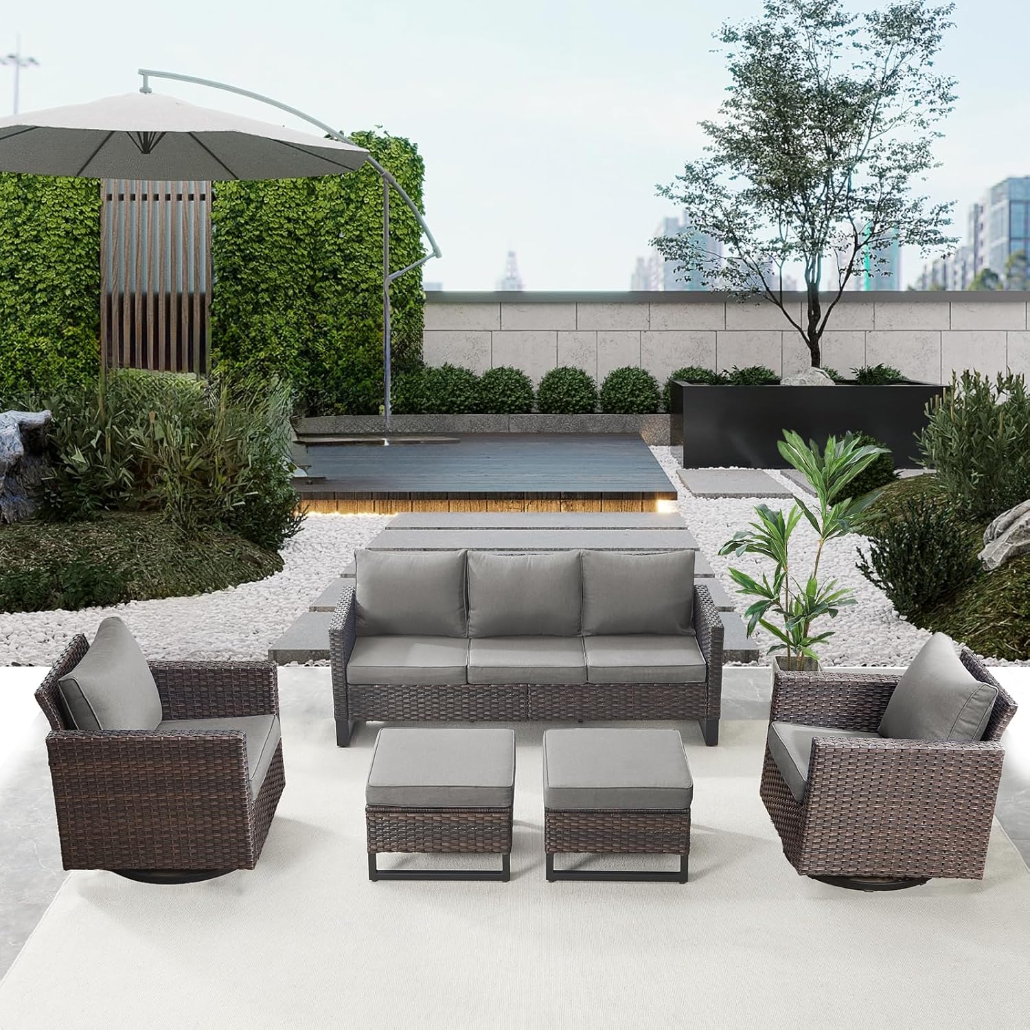 Patio Furniture 5 Piece Outdoor Sofa Set, Oversize Outdoor Dining Chairs with Rattan Ottomans, Conversation Sets Patio Furniture Come with Removable Washable