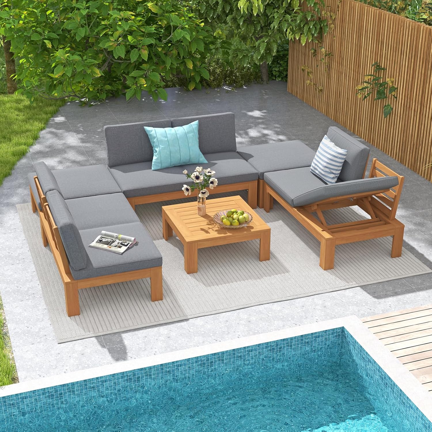 6 Piece Acacia Wood Patio Furniture Outdoor Sectional Sofa Set with Adjustable Armrest, FSC Certified L-Shaped Patio Set w/2-in-1 Coffee Table, Cream White Cushions for Garden