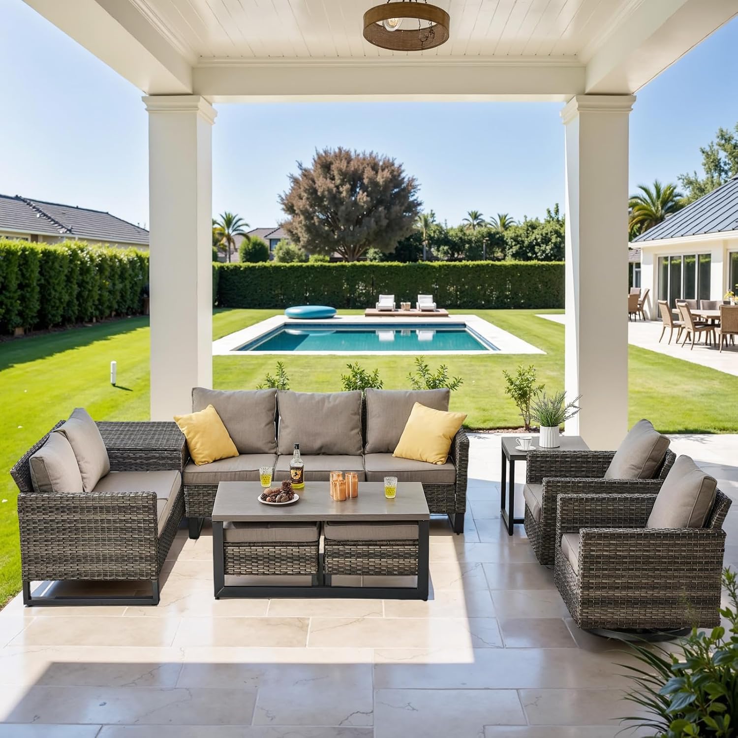 Patio Furniture 5 Piece Outdoor Sofa Set, Oversize Outdoor Dining Chairs with Rattan Ottomans, Conversation Sets Patio Furniture Come with Removable Washable