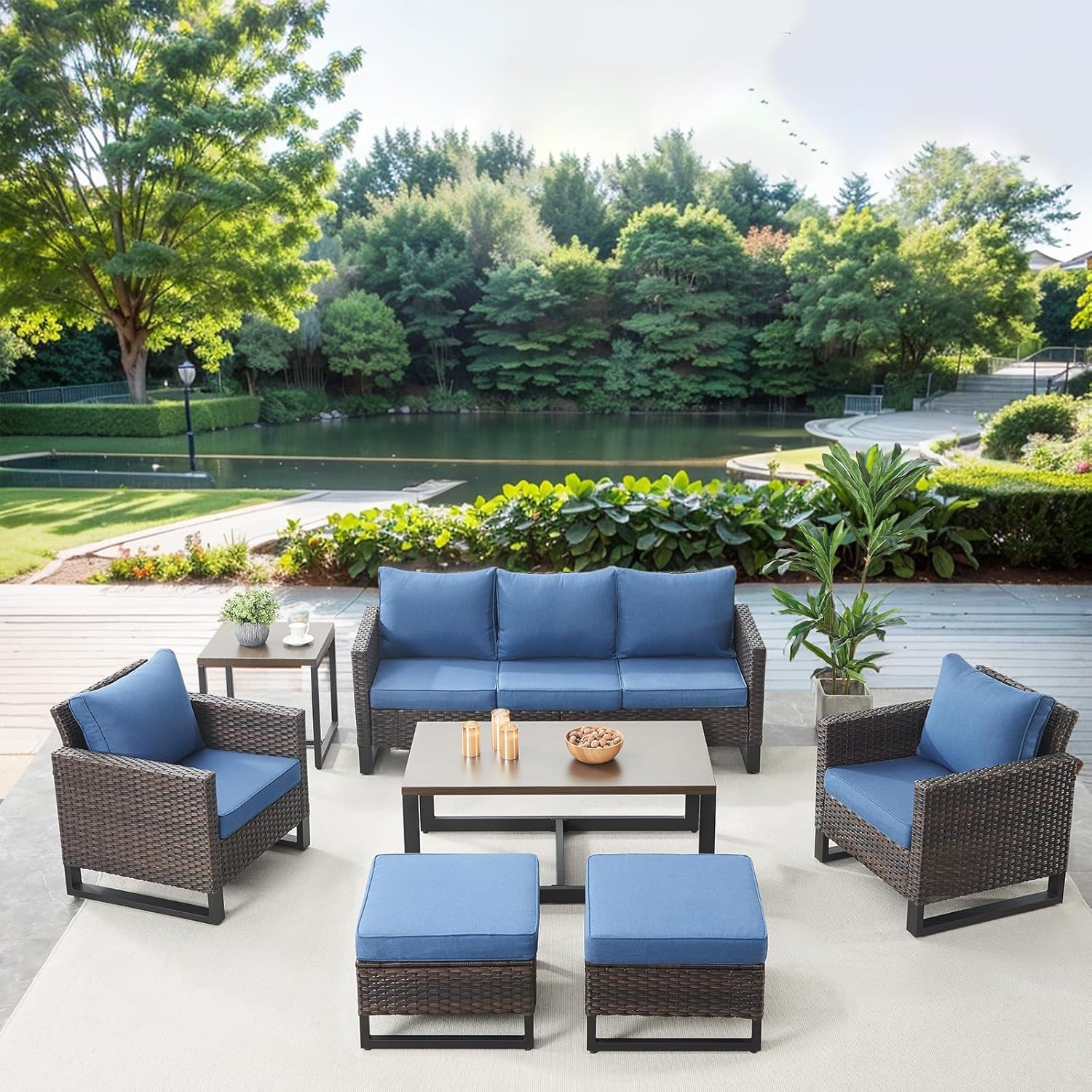 Patio Furniture 5 Piece Outdoor Sofa Set, Oversize Outdoor Dining Chairs with Rattan Ottomans, Conversation Sets Patio Furniture Come with Removable Washable