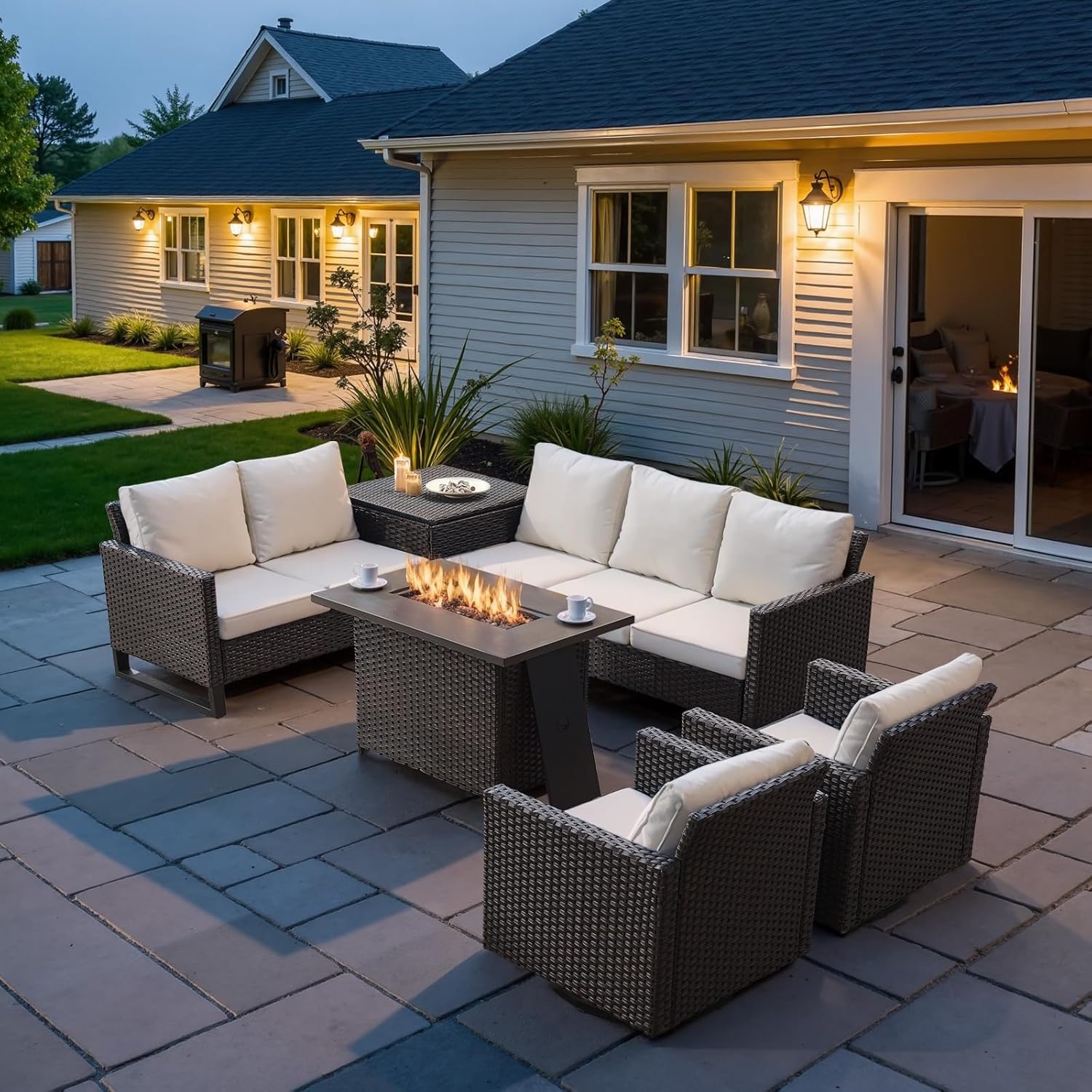 Patio Furniture 5 Piece Outdoor Sofa Set, Oversize Outdoor Dining Chairs with Rattan Ottomans, Conversation Sets Patio Furniture Come with Removable Washable